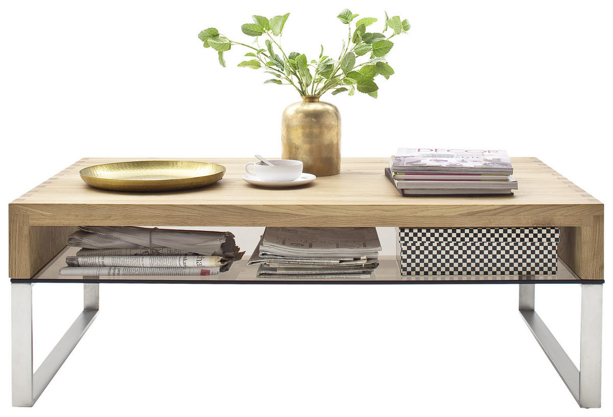 COUCHTISCH in Holz, Metall, Glas 110/70/39 cm  - Edelstahlfarben/Eichefarben, MODERN, Glas/Holz (110/70/39cm) - Novel