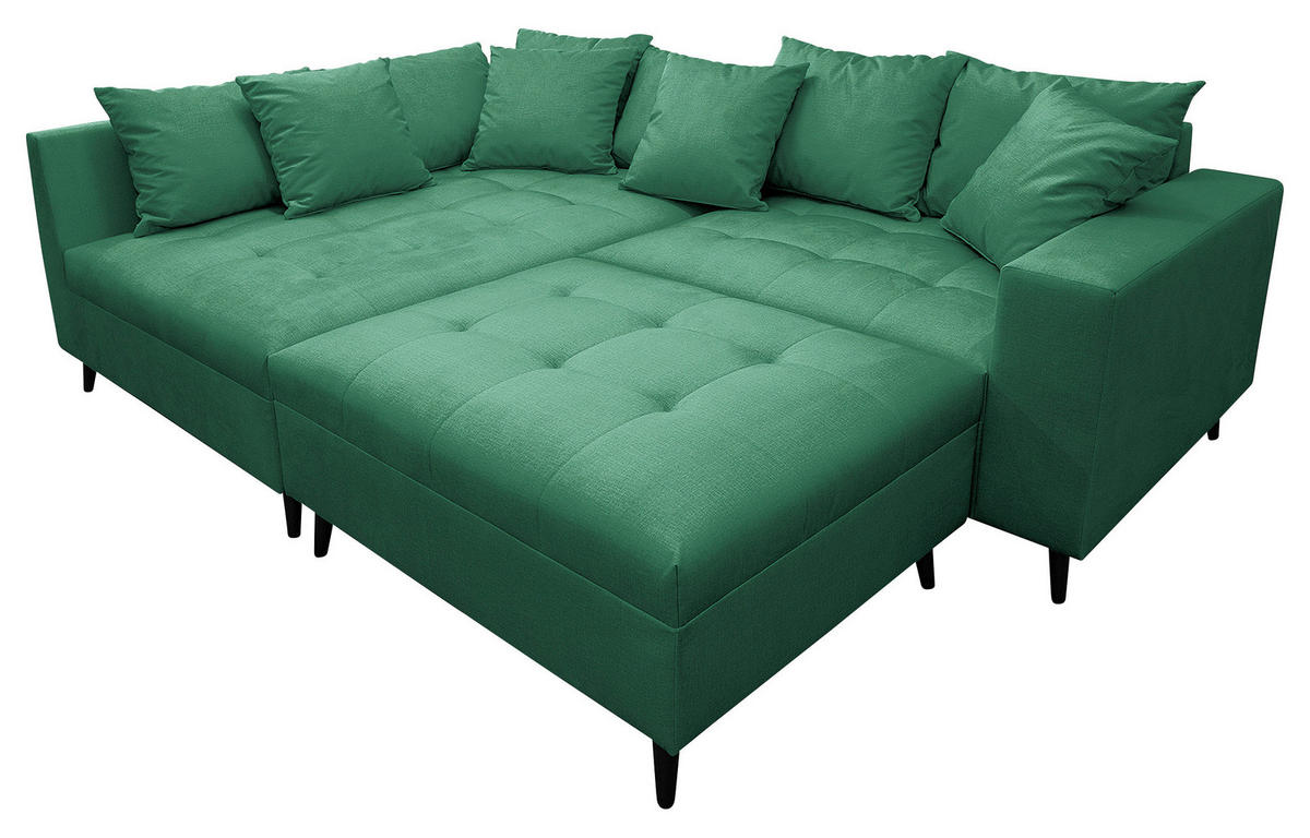 Ecksofa inkl. Hocker in Mikrofaser Grün  - Schwarz/Grün, Design, Holz/Textil (174/247cm) - MID.YOU