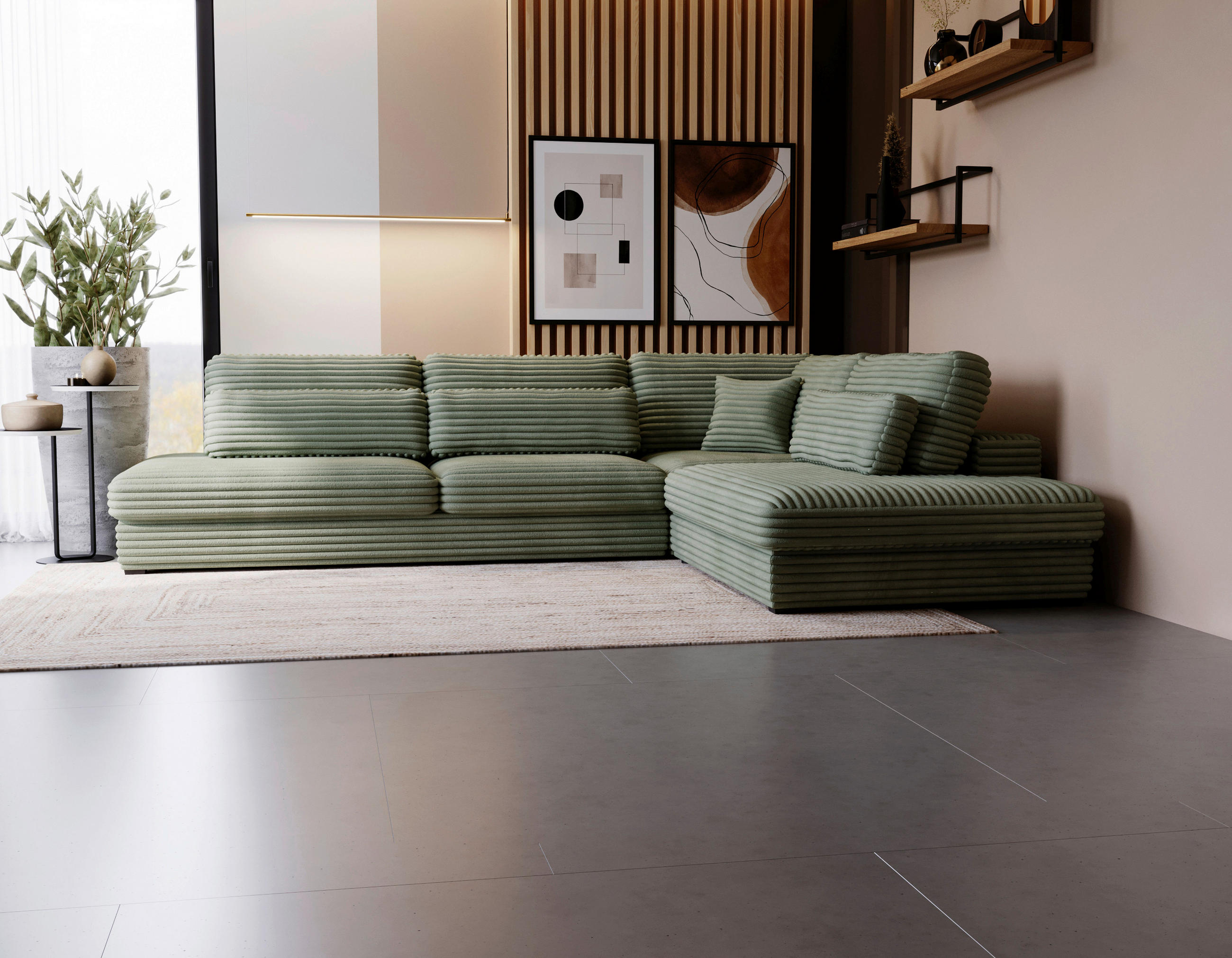 ECKSOFA in Cord, Plüsch Grün  - Schwarz/Grün, Design, Kunststoff/Textil (332/244cm) - Livetastic