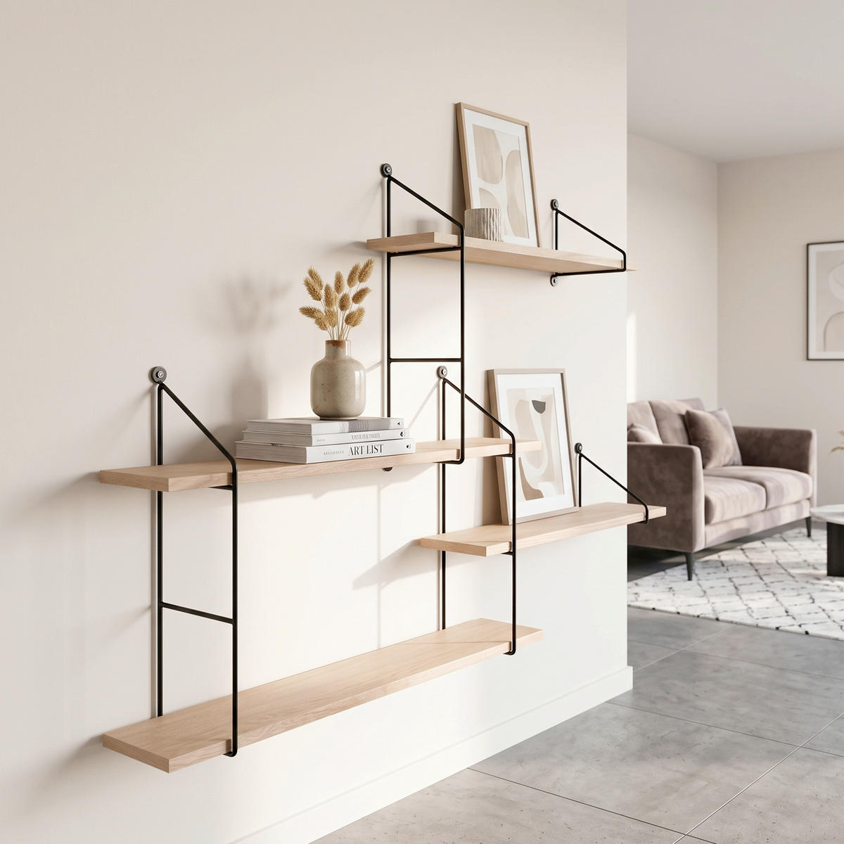 DEKORATIONSVÄGGHYLLA 99/62/17,5 cm  - svart/naturfärgad, Basics, metall/trä (99/62/17,5cm) - Ambia Home