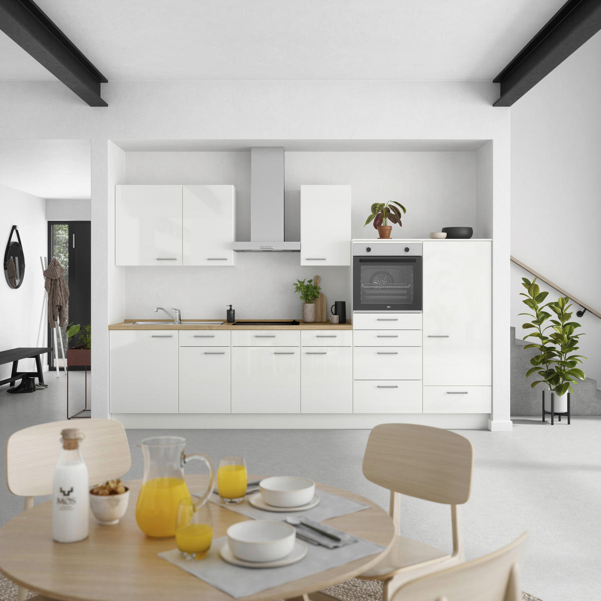 KÜCHENLEERBLOCK 330 cm   in Eichefarben, Weiß Hochglanz  - Edelstahlfarben/Eichefarben, MODERN, Holzwerkstoff/Metall (330cm) - Nobilia