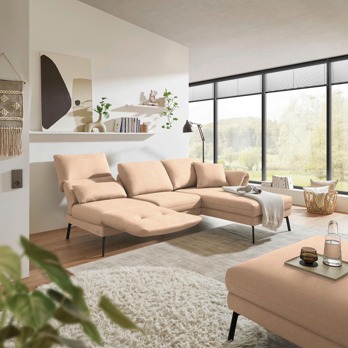 ECKSOFA Flachgewebe Lachsfarben  - Schwarz/Lachsfarben, Design, Textil/Metall (255-365/175-224cm) - Dieter Knoll