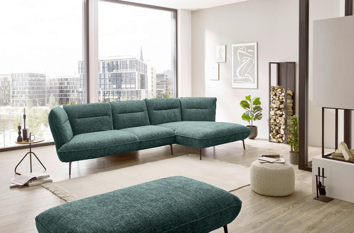 ECKSOFA in Flachgewebe Blau, Grün  - Blau/Schwarz, Design, Textil/Metall (339/153cm) - Moderano