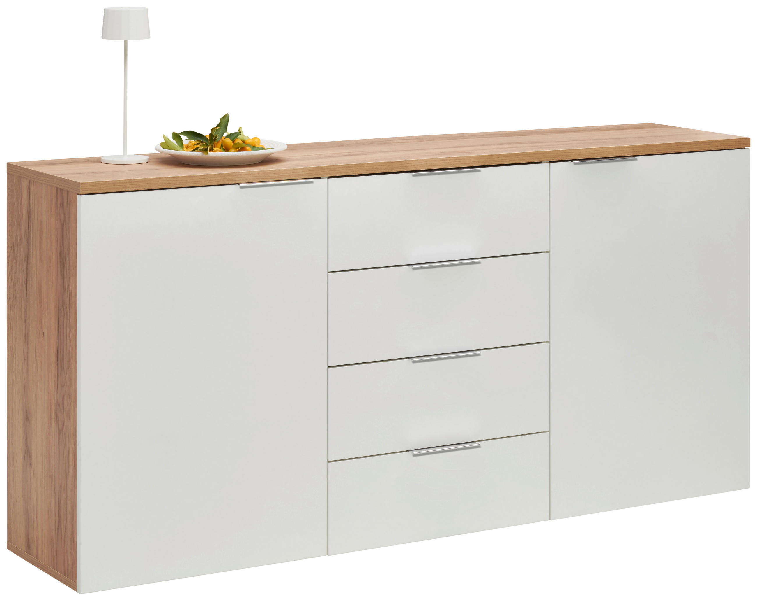 ŠIROKÁ KOMODA, barvy dubu, vysoce lesklá bílá, 180/89/43 cm - barvy dubu/barvy chromu, Design, kov/kompozitní dřevo (180/89/43cm) - Xora