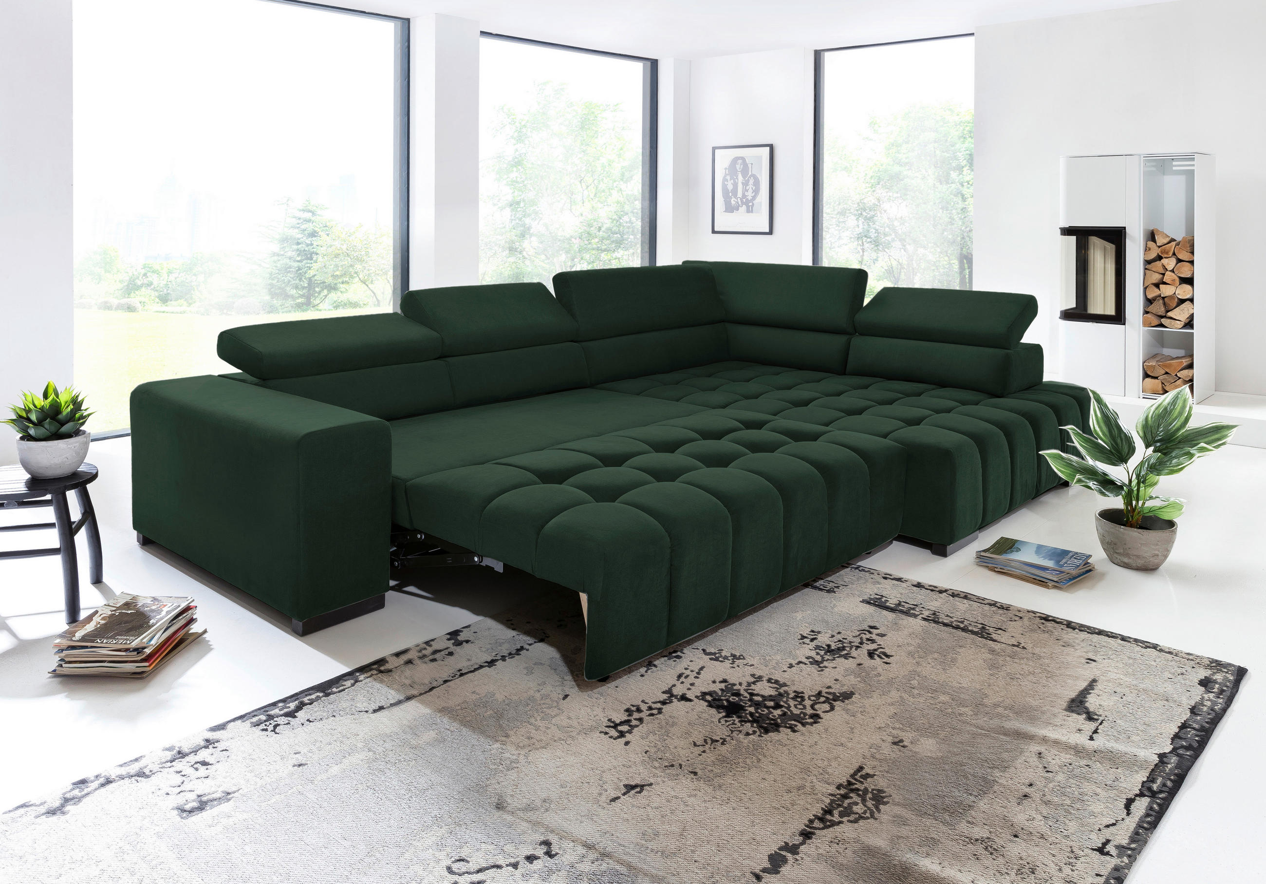 ECKSCHLAFSOFA in Velours Grün  - Schwarz/Grün, Design, Holz/Textil (307/201cm) - Livetastic