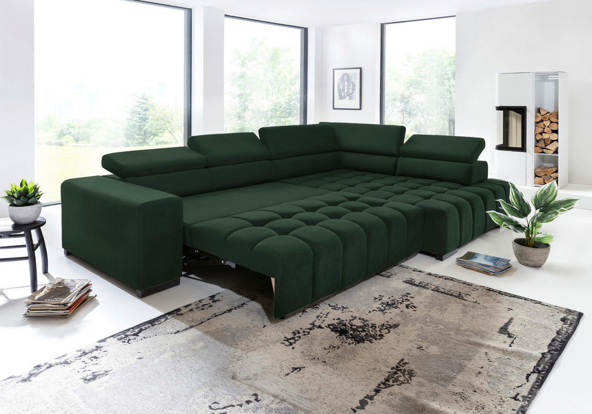 ECKSCHLAFSOFA Grün Velours  - Schwarz/Grün, Design, Holz/Textil (307/201cm) - Livetastic