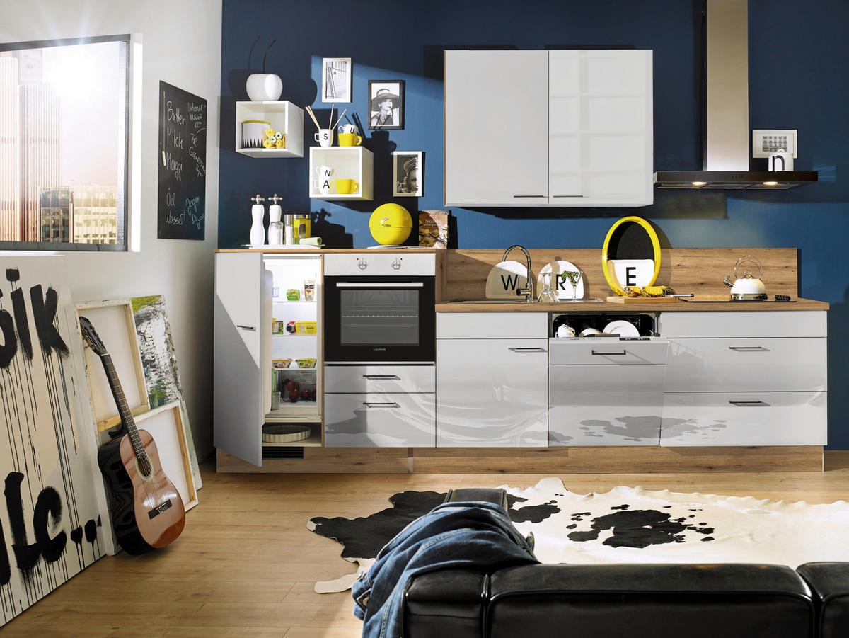 KÜCHENBLOCK 330 cm   in Eichefarben, Grau Hochglanz  - Eichefarben/Grau Hochglanz, Design, Holzwerkstoff/Metall (330cm) - Xora