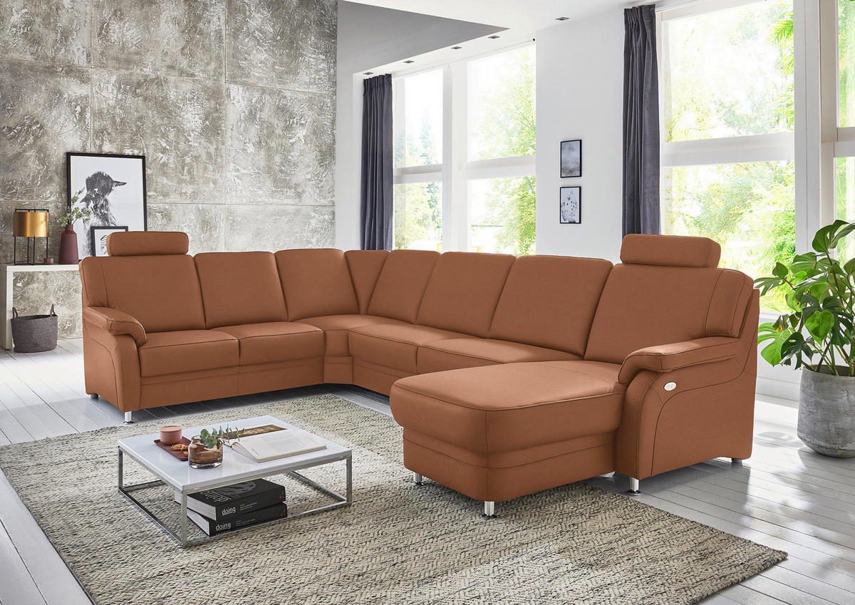 WOHNLANDSCHAFT Echtleder Cognac  - Cognac/Alufarben, Konventionell, Leder/Metall (239/329/165cm) - Beldomo Premium