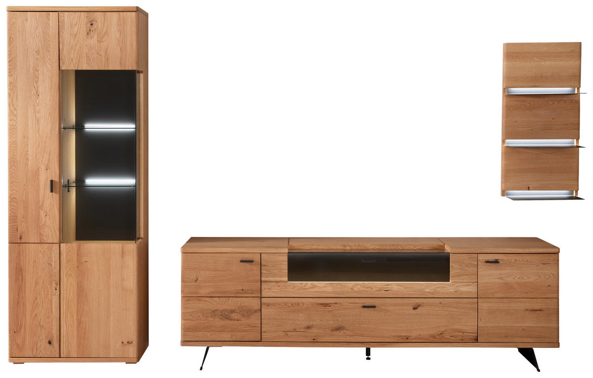 WOHNWAND 3-teilig  in Eichefarben 320/209/50 cm  - Eichefarben/Anthrazit, Natur, Glas/Holz (320/209/50cm) - Linea Natura
