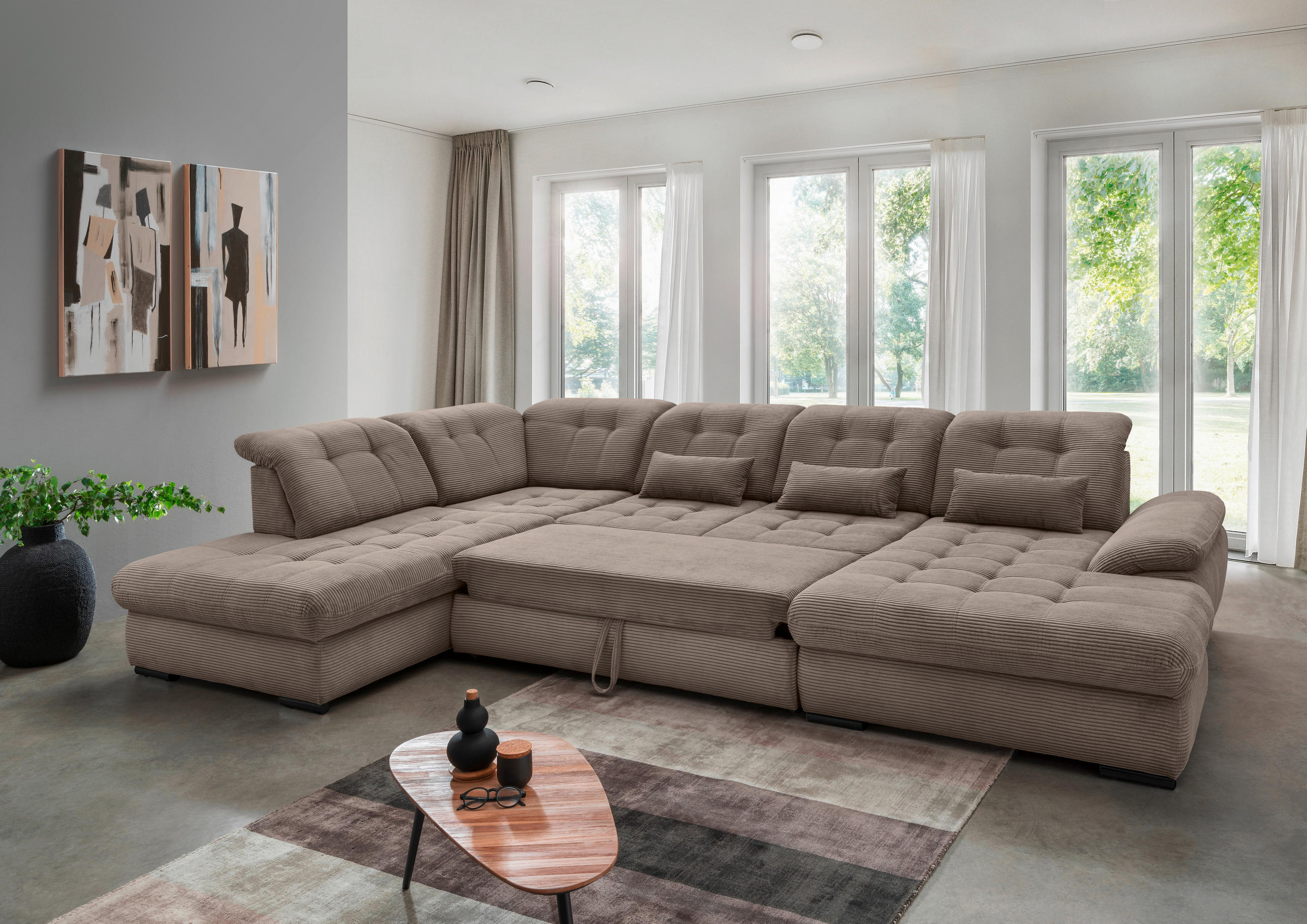 WOHNLANDSCHAFT in Cord Graubraun - Graubraun/Schwarz, Modern, Textil/Metall (252/387/184cm) - Livetastic