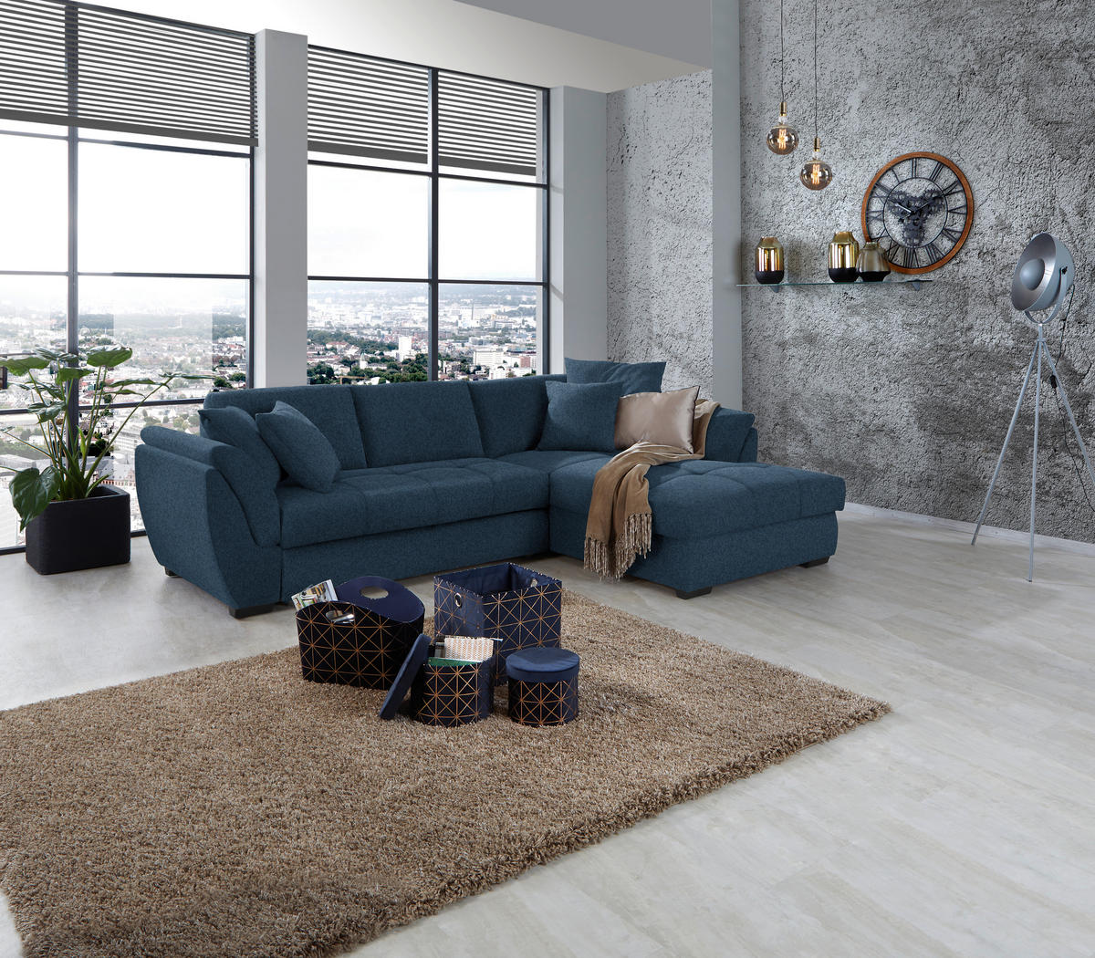 ECKSOFA Dunkelblau Webstoff  - Schwarz/Dunkelblau, Design, Kunststoff/Textil (278/187cm) - Livetastic
