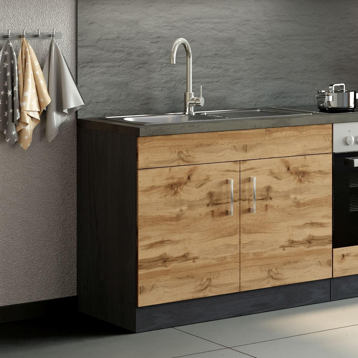 SPÜLENUNTERSCHRANK 100/85/60 cm  in Eichefarben  - Chromfarben/Eichefarben, Modern, Holzwerkstoff/Metall (100/85/60cm) - Held