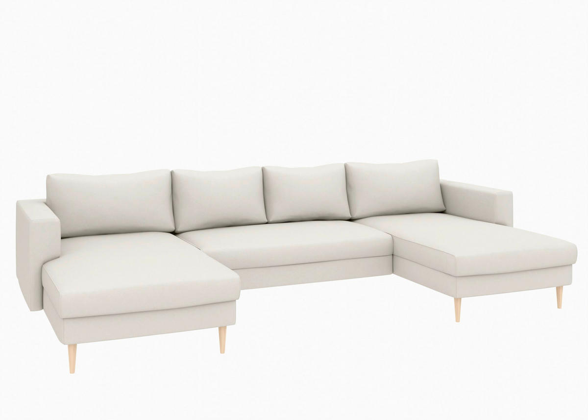 WOHNLANDSCHAFT Sandfarben Struktur  - Sandfarben/Buchefarben, MODERN, Holz/Textil (161/306/161cm) - Trendmanufaktur