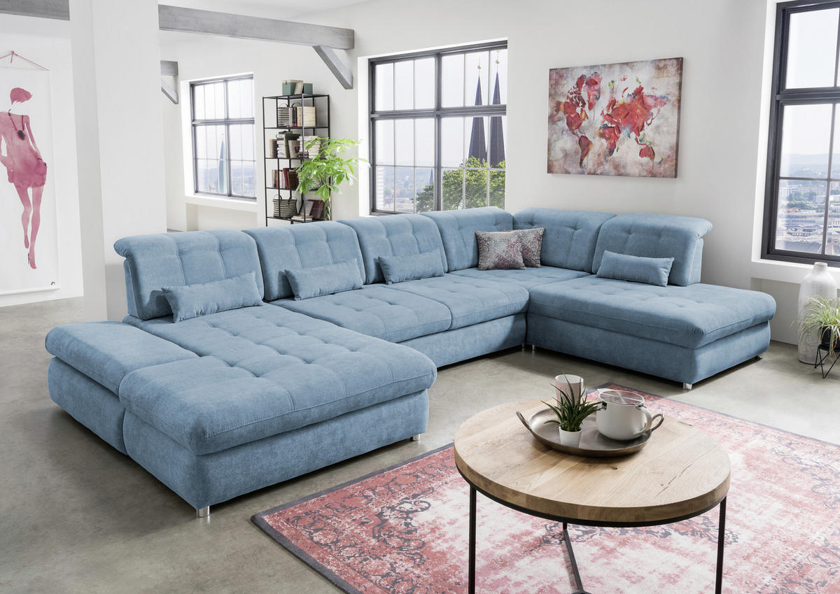 WOHNLANDSCHAFT Blau Mikrofaser  - Blau/Chromfarben, KONVENTIONELL, Kunststoff/Textil (186/387/237cm) - Livetastic