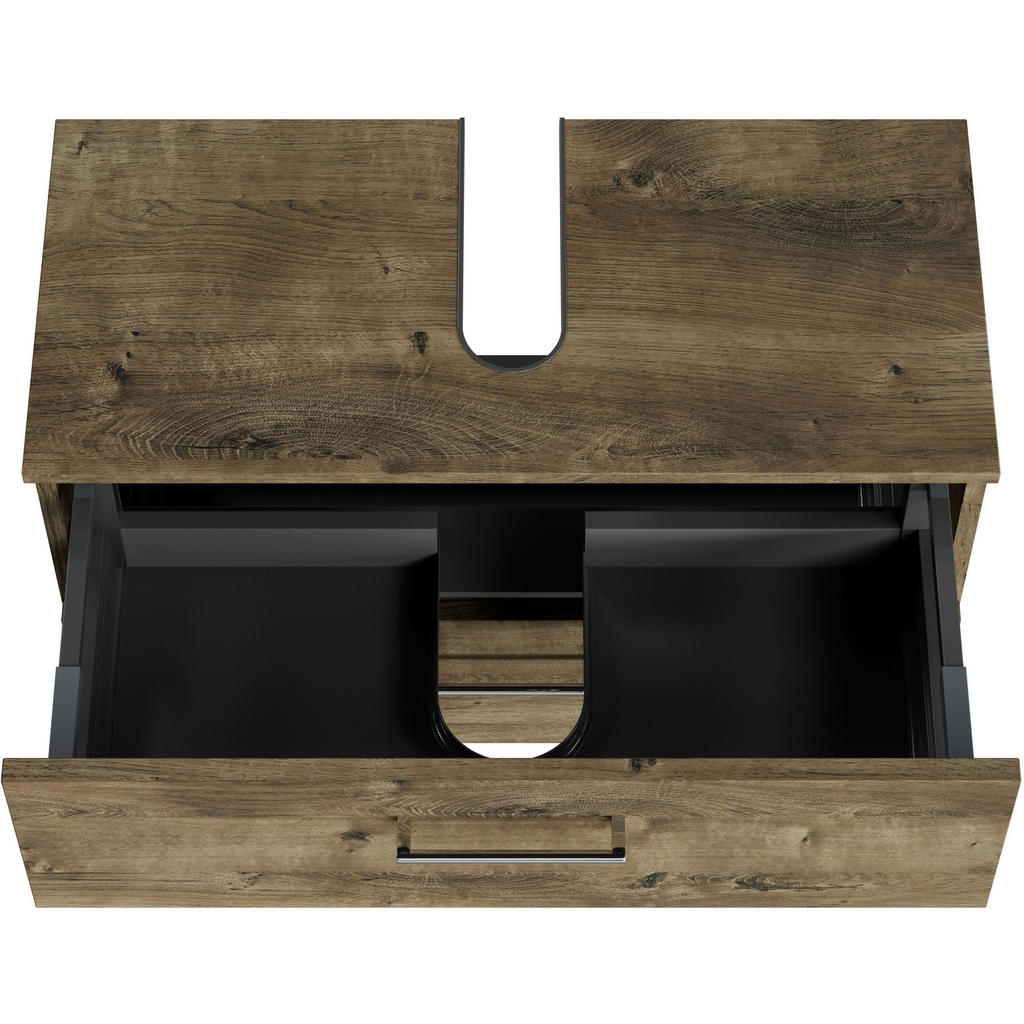 Thumbnail - Sadena Waschbeckenunterschrank M-Plan, Eiche dunkel, Metall, 2 Schubladen, 75x49.8x33.3 cm, Goldenes M, Made in Germany,...