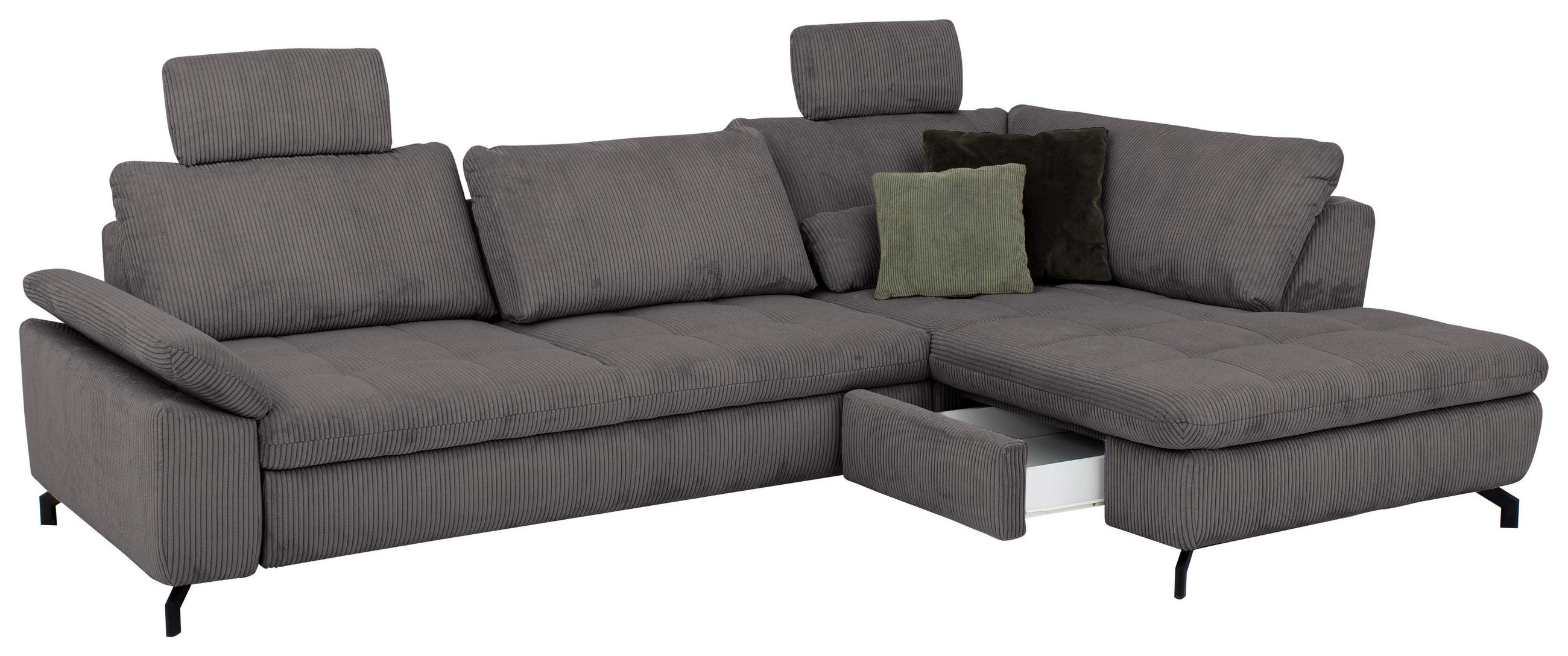 ECKSOFA inkl. Funktionen Anthrazit Cord, Velours  - Anthrazit/Schwarz, Design, Textil/Metall (291/197cm) - Beldomo Style