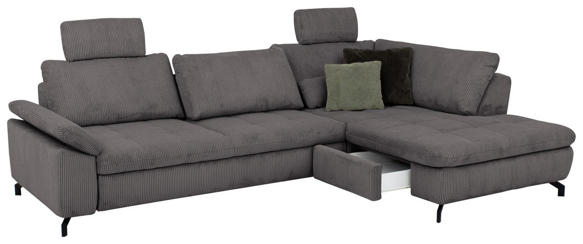 ECKSOFA in Cord, Velours Anthrazit  - Anthrazit/Schwarz, Design, Textil/Metall (291/197cm) - Beldomo Style