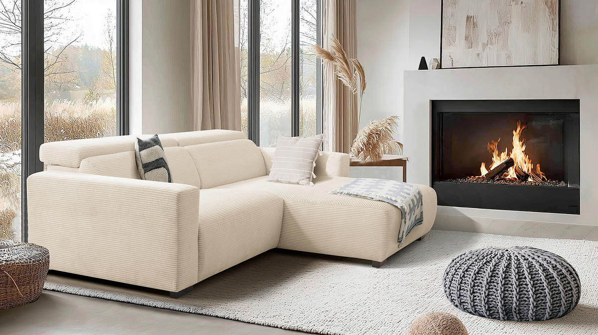 ECKSOFA RENO Beige Cord Relaxfunktion, Kopfteilverstellung  - Beige/Schwarz, Design, Kunststoff/Textil (248/184cm) - Livetastic