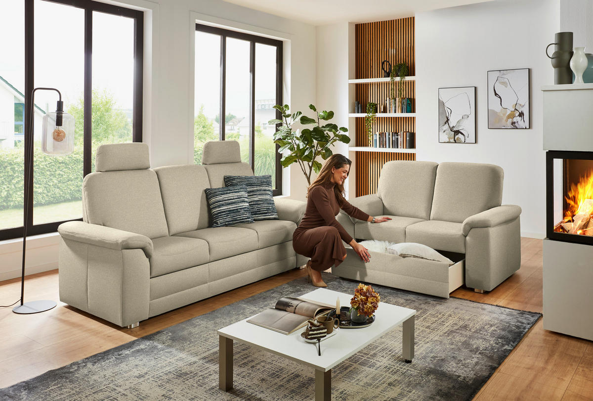 SITZGARNITUR Chenille Sandfarben  - Sandfarben/Alufarben, Konventionell, Textil/Metall (208/156/96/89cm) - Beldomo Comfort