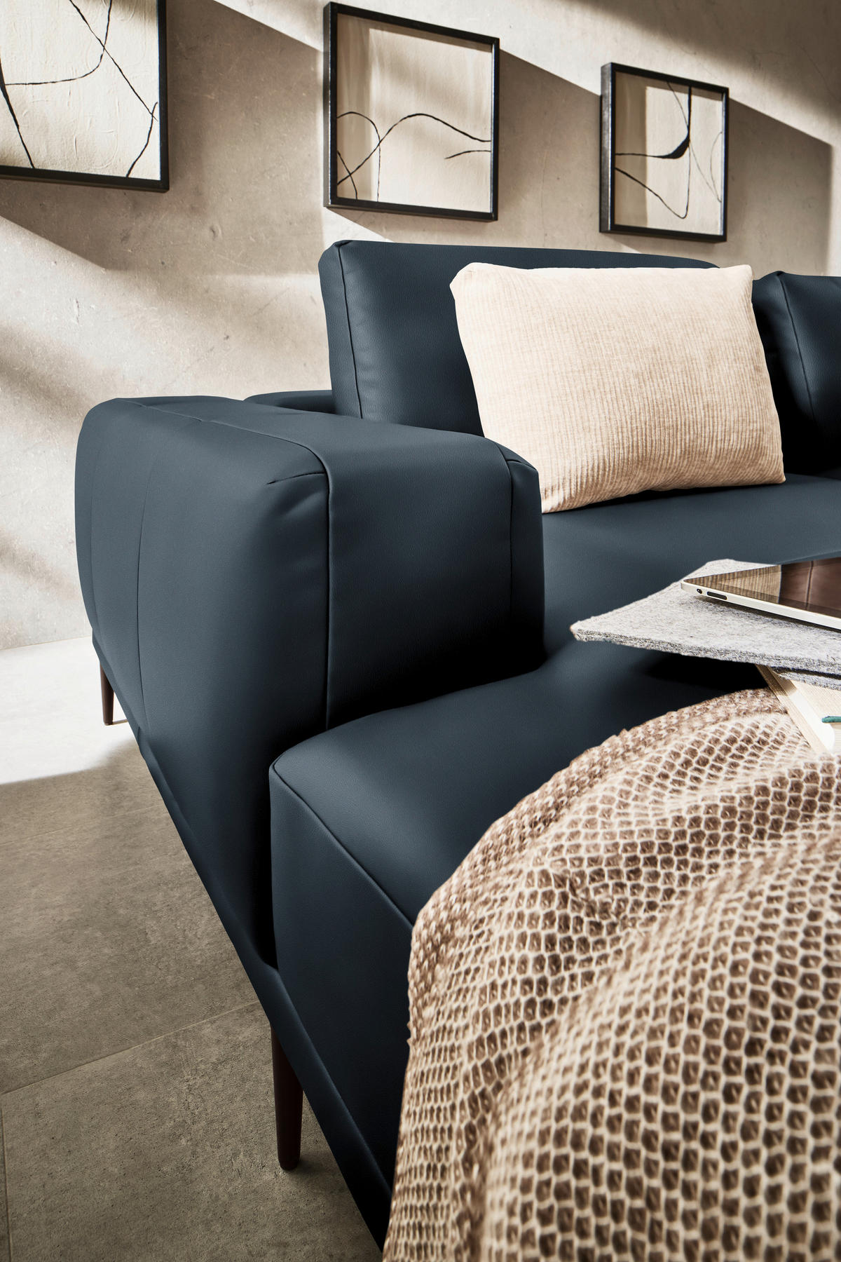 ECKSOFA Echtleder Dunkelblau  - Schwarz/Dunkelblau, Design, Leder/Metall (201/304cm) - Belluti