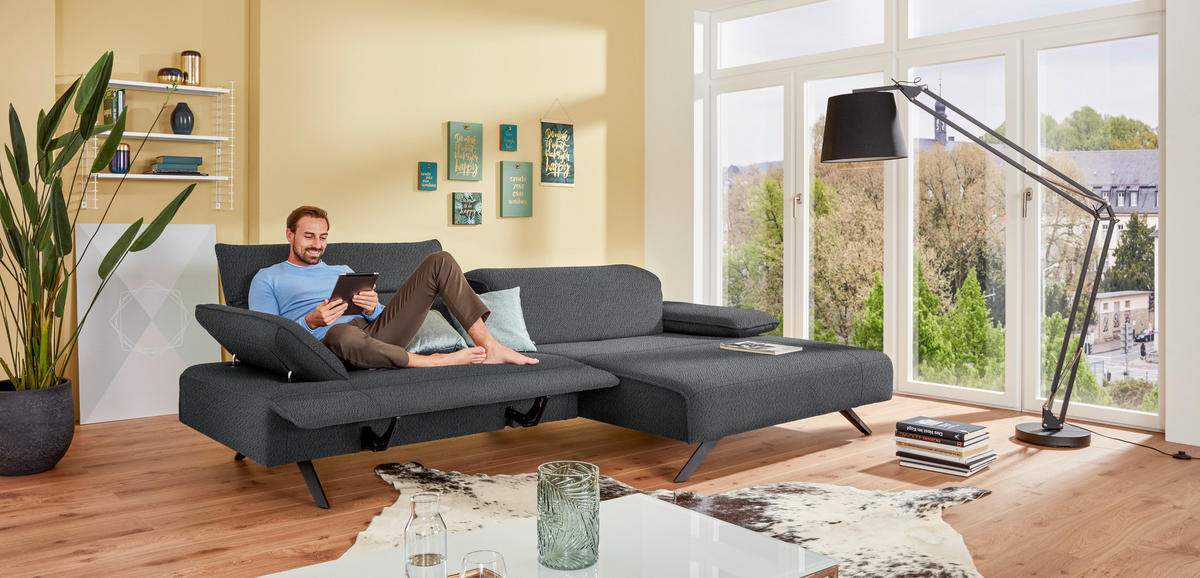 ECKSOFA in Flachgewebe Grau  280/164 cm  - Anthrazit/Grau, Design, Textil/Metall (280/164cm) - Johann Jakob