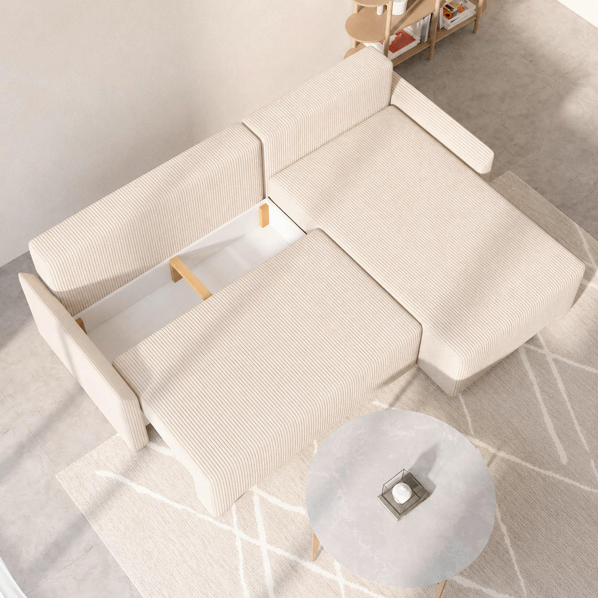 ECKSOFA LOCO in Cord Creme  - Creme/Schwarz, Design, Kunststoff/Textil (174/245cm) - MID.YOU