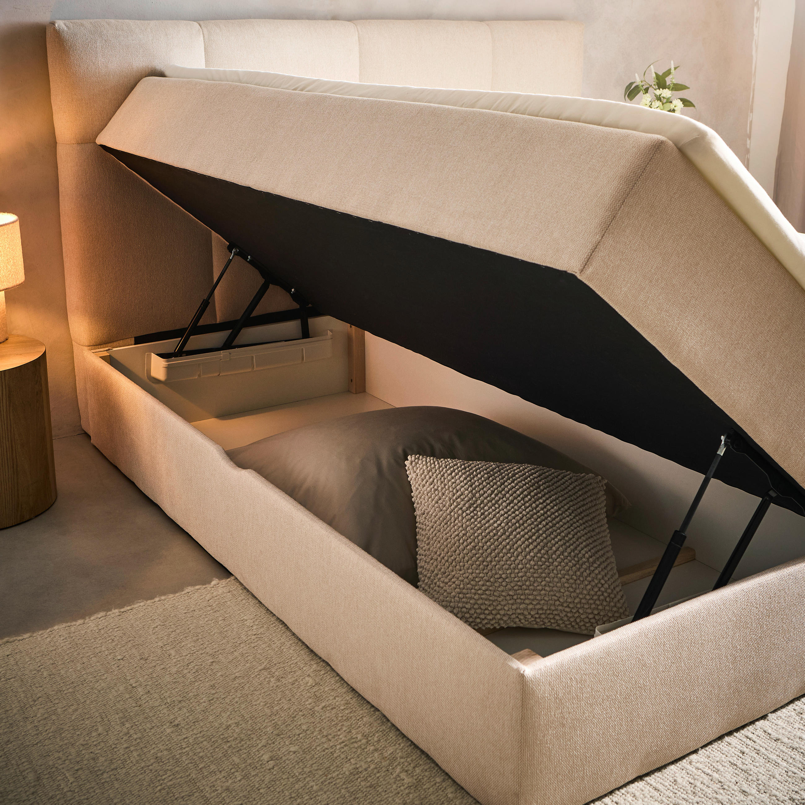 Thumbnail - Boxxx Boxbett, Hellbraun, Textil, H3, Höhe ca. 25 cm, 140x200 cm, Bettkasten, gepolstertes Kopfteil, in verschiedenen Gr...