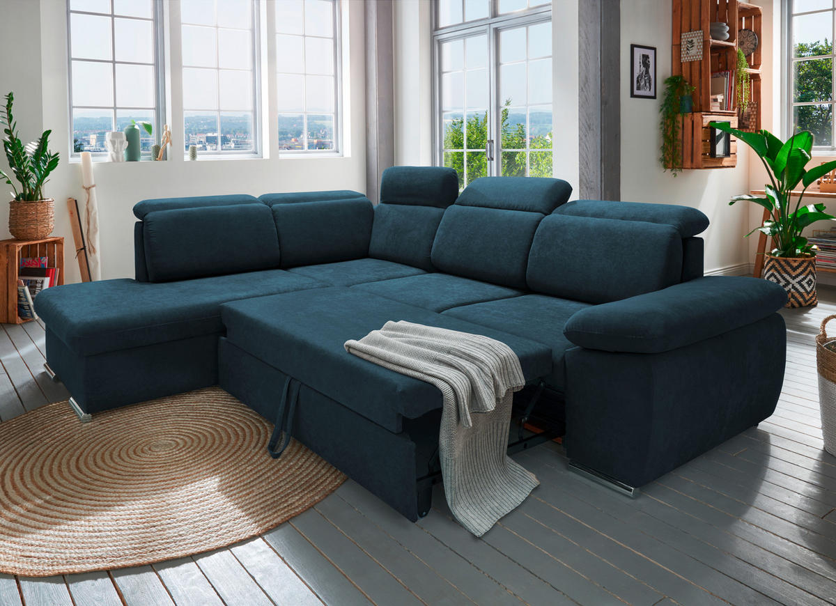 ECKSOFA in Mikrofaser Dunkelblau  - Chromfarben/Dunkelblau, Design, Textil/Metall (228/283cm) - Livetastic