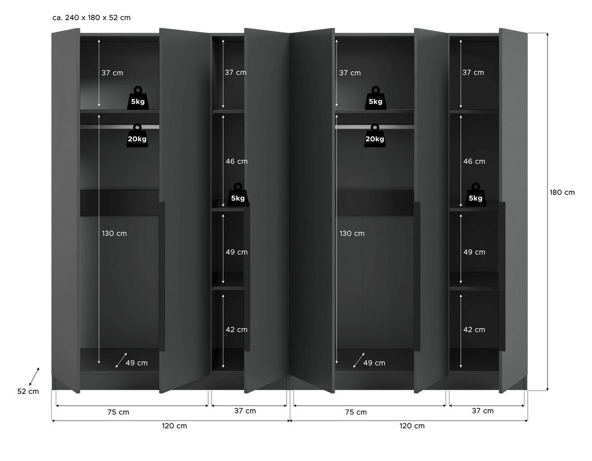 DREHTÜRENSCHRANK  in Anthrazit  - Anthrazit/Schwarz, MODERN, Holzwerkstoff/Kunststoff (240/181/52cm) - MID.YOU