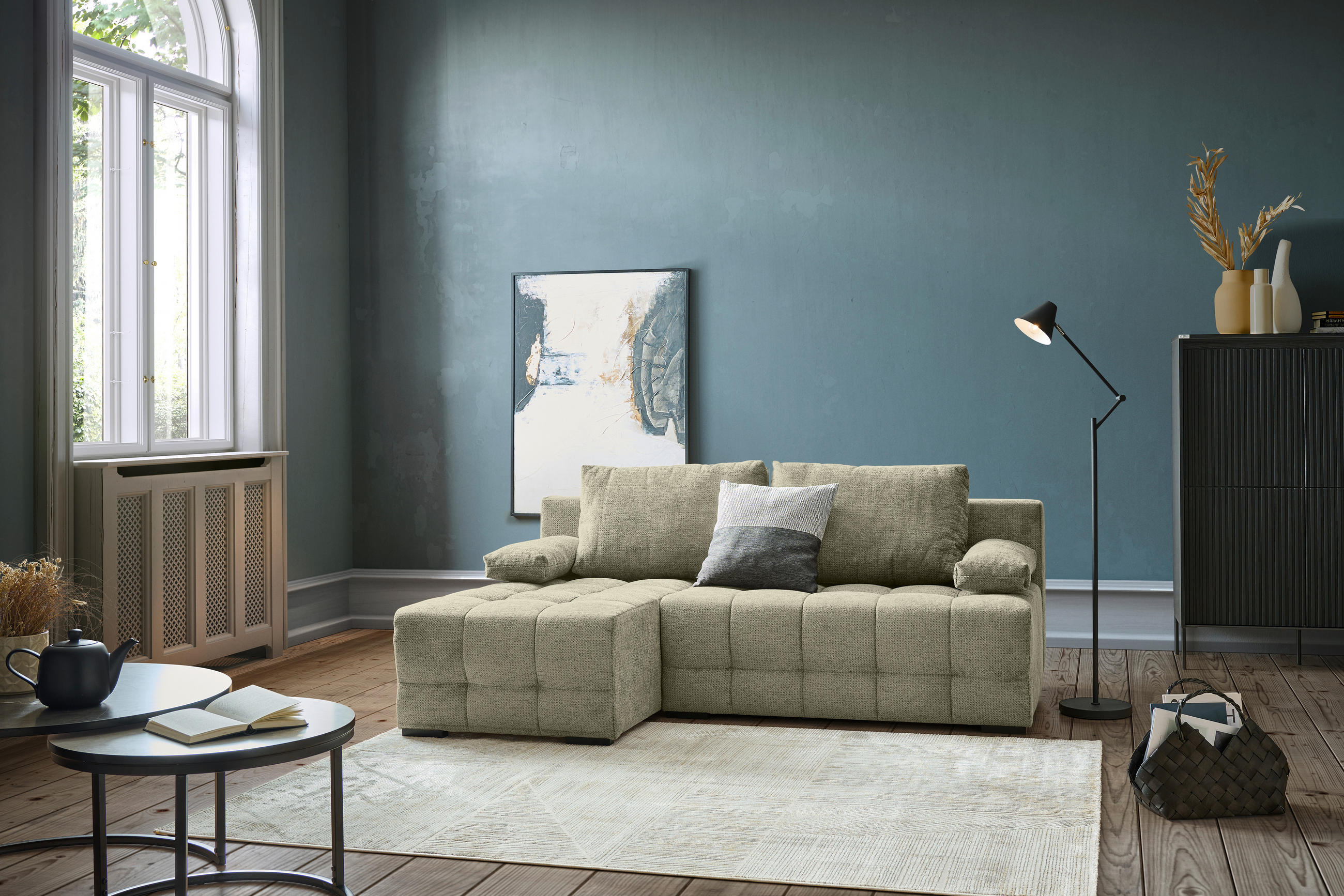 ECKSOFA Beige Chenille  - Beige/Schwarz, MODERN, Kunststoff/Textil (145/204cm) - home24