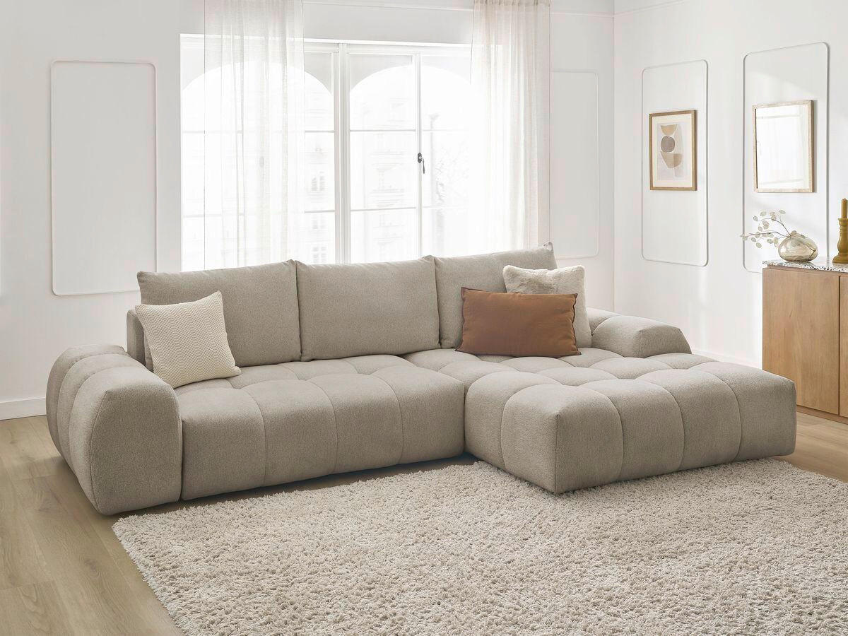 ECKSCHLAFSOFA EVEREST  mit Rücken echt, Armteil links, Armteil rechts Flachgewebe Taupe  - Taupe/Schwarz, MODERN, Kunststoff/Textil (180/318cm) - Livetastic