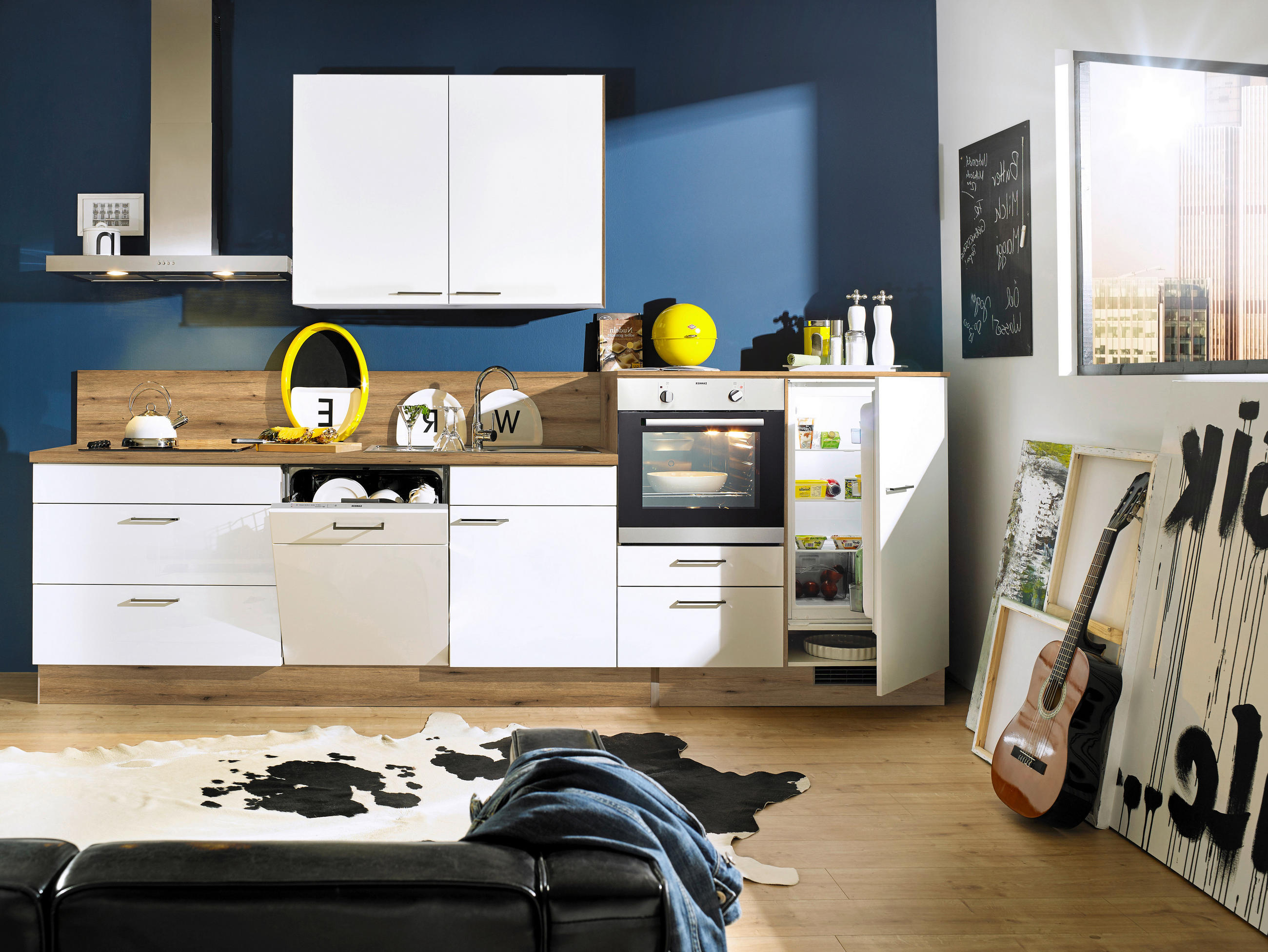 KÜCHENLEERBLOCK 330 cm   in Weiß, Eichefarben  - Eichefarben/Weiß Hochglanz, MODERN, Holzwerkstoff/Metall (330cm) - Xora