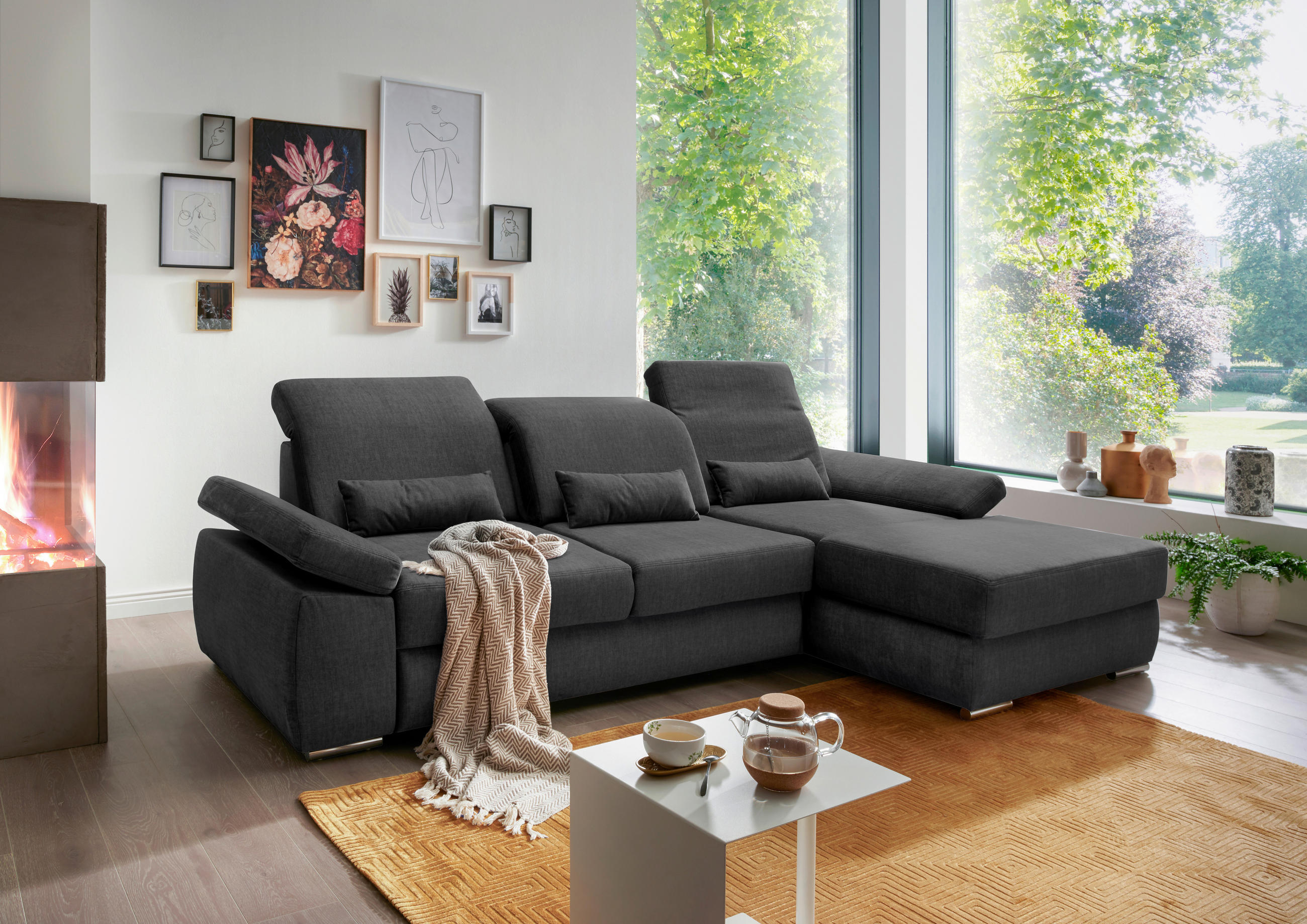 Wohnlandschaft mit Schlaffkt Anthrazit Velours  - Chromfarben/Anthrazit, MODERN, Holz/Textil (295/188cm) - Livetastic