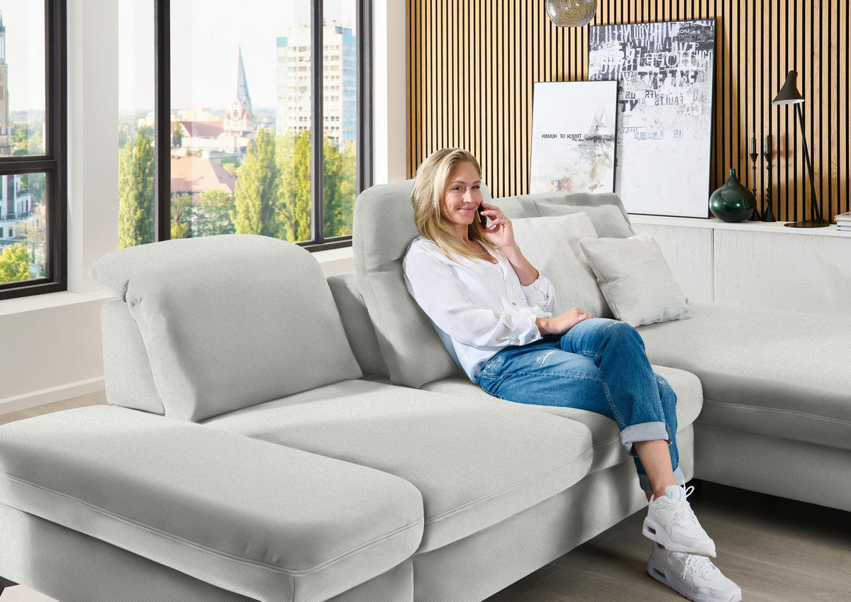 ECKSOFA Chenille Ecru  - Ecru/Schwarz, Design, Textil/Metall (288/198cm) - Beldomo Style