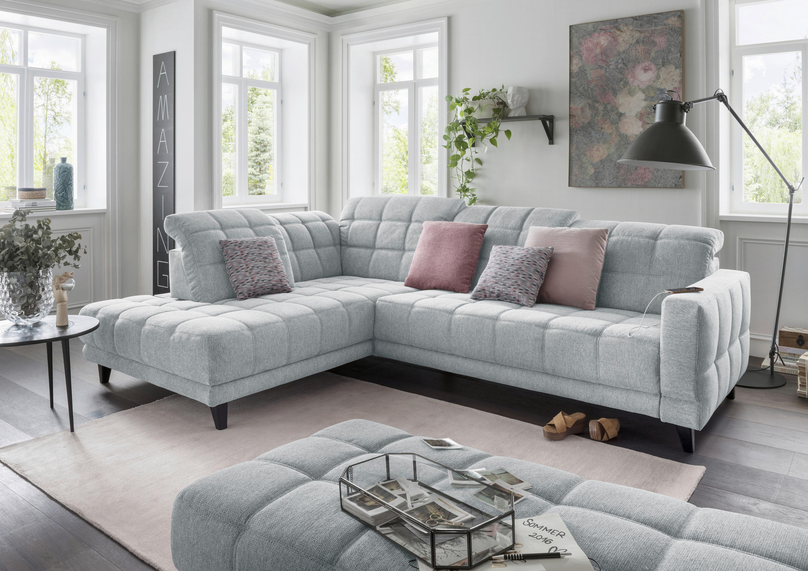 ECKSOFA in Webstoff Hellgrau  - Hellgrau/Schwarz, Design, Holz/Textil (216/302cm) - Xora