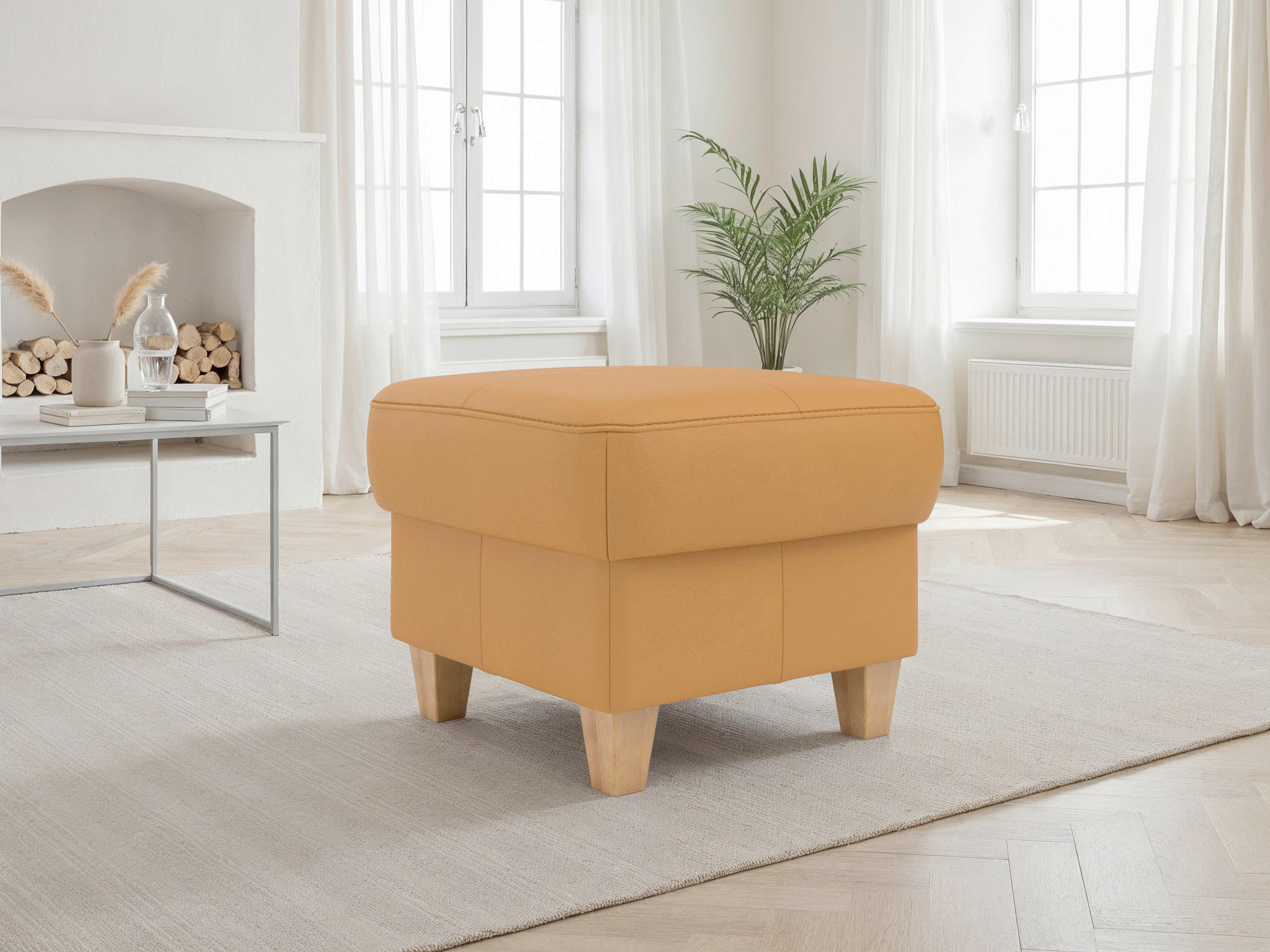 TABURETKA, koža, 58/48/58 cm - farba duba/kari žltá, Basics, koža/drevo (58/48/58cm) - Sit & More