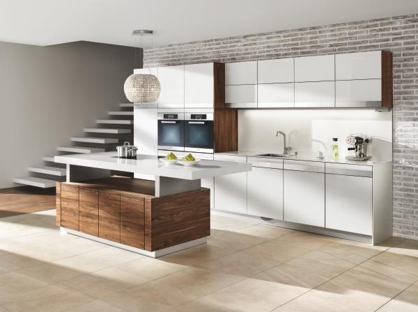 EINBAUKÜCHE K7  - Nussbaumfarben/Weiß, Design, Glas/Holz - Team 7