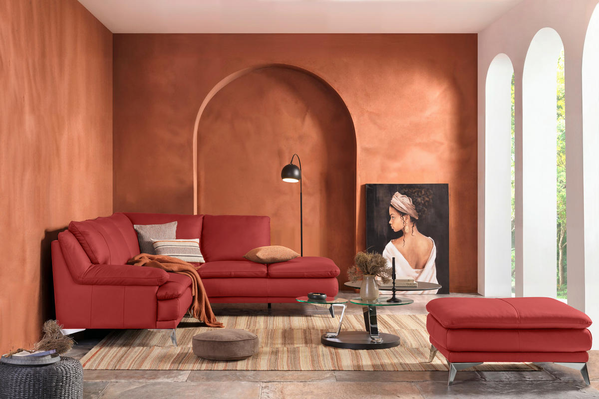ECKSOFA Rot Echtleder  - Chromfarben/Rot, Design, Leder/Metall (242/224cm) - Novel