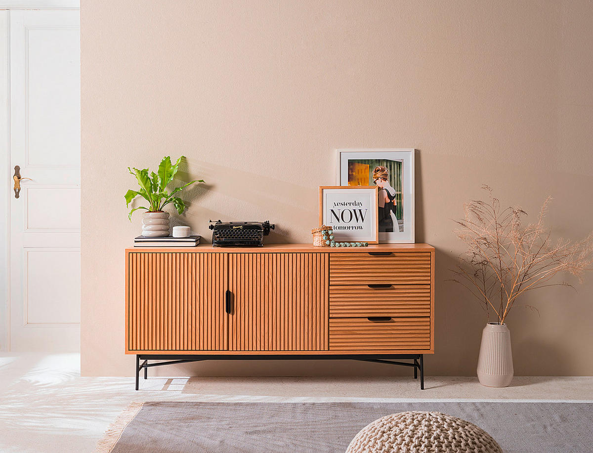 SIDEBOARD svart, ekfärgad  160/75/40 cm  - svart/ekfärgad, Lifestyle, metall/trämaterial (160/75/40cm)