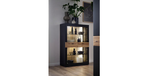 HIGHBOARD furniert, massiv Grau, Schwarz, Eichefarben  - Eichefarben/Anthrazit, Design, Glas/Holzwerkstoff (90/134/37cm) - Novel