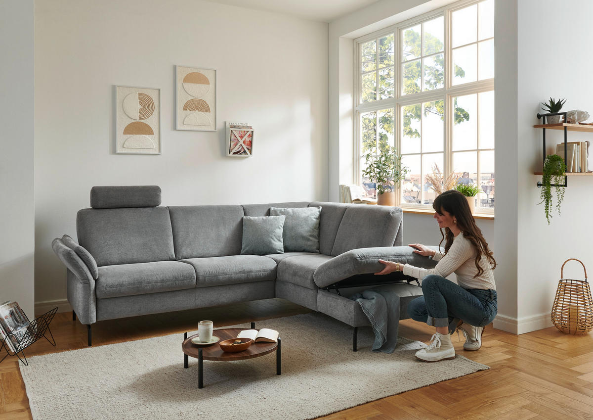 ECKSOFA in Flachgewebe Grau  - Schwarz/Grau, Konventionell, Textil/Metall (241/190cm) - Beldomo Comfort
