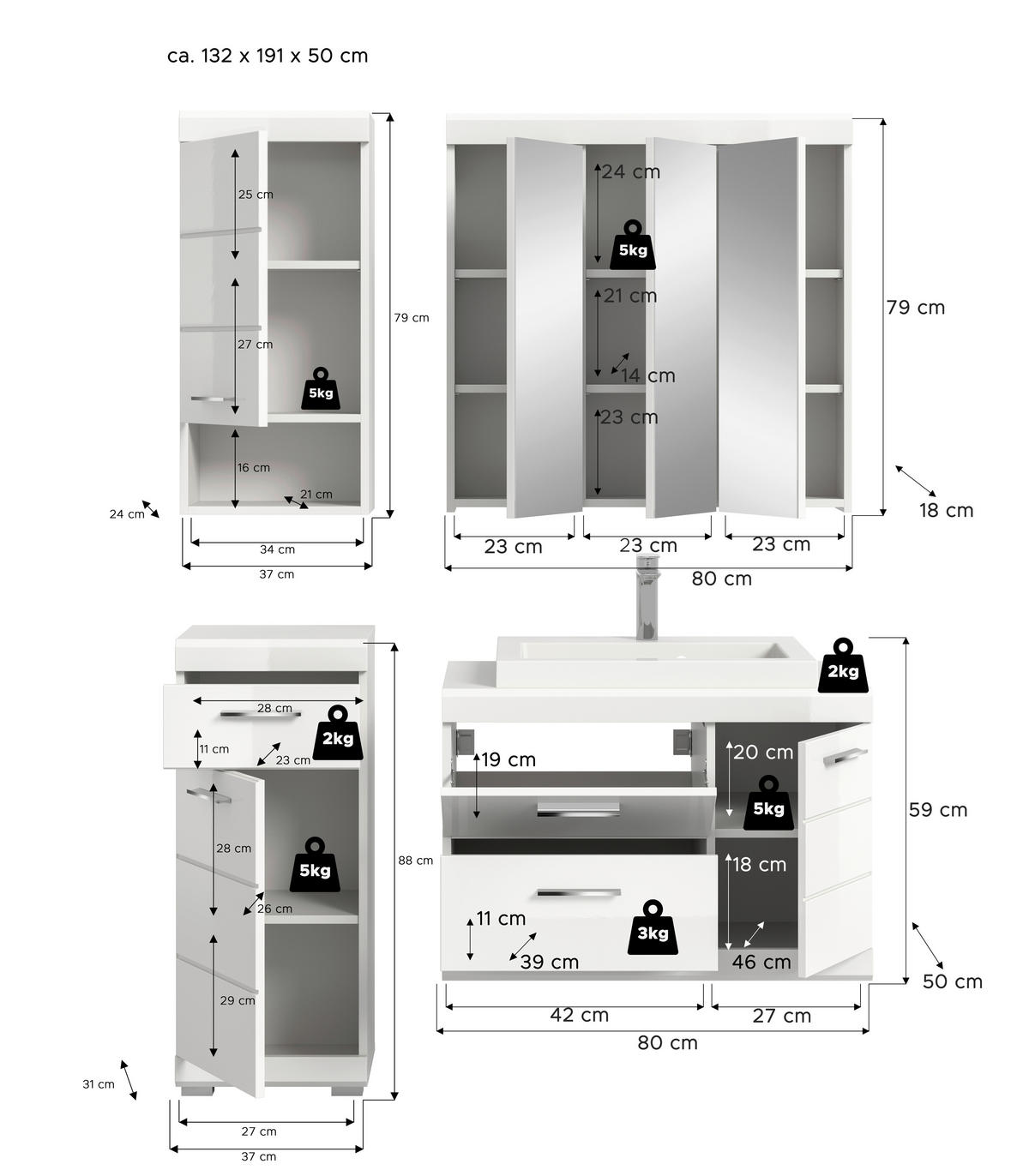 BADEZIMMER 5-teilig  in 132 cm  - Weiß Hochglanz/Silberfarben, Trend, Glas/Holzwerkstoff (132cm) - MID.YOU