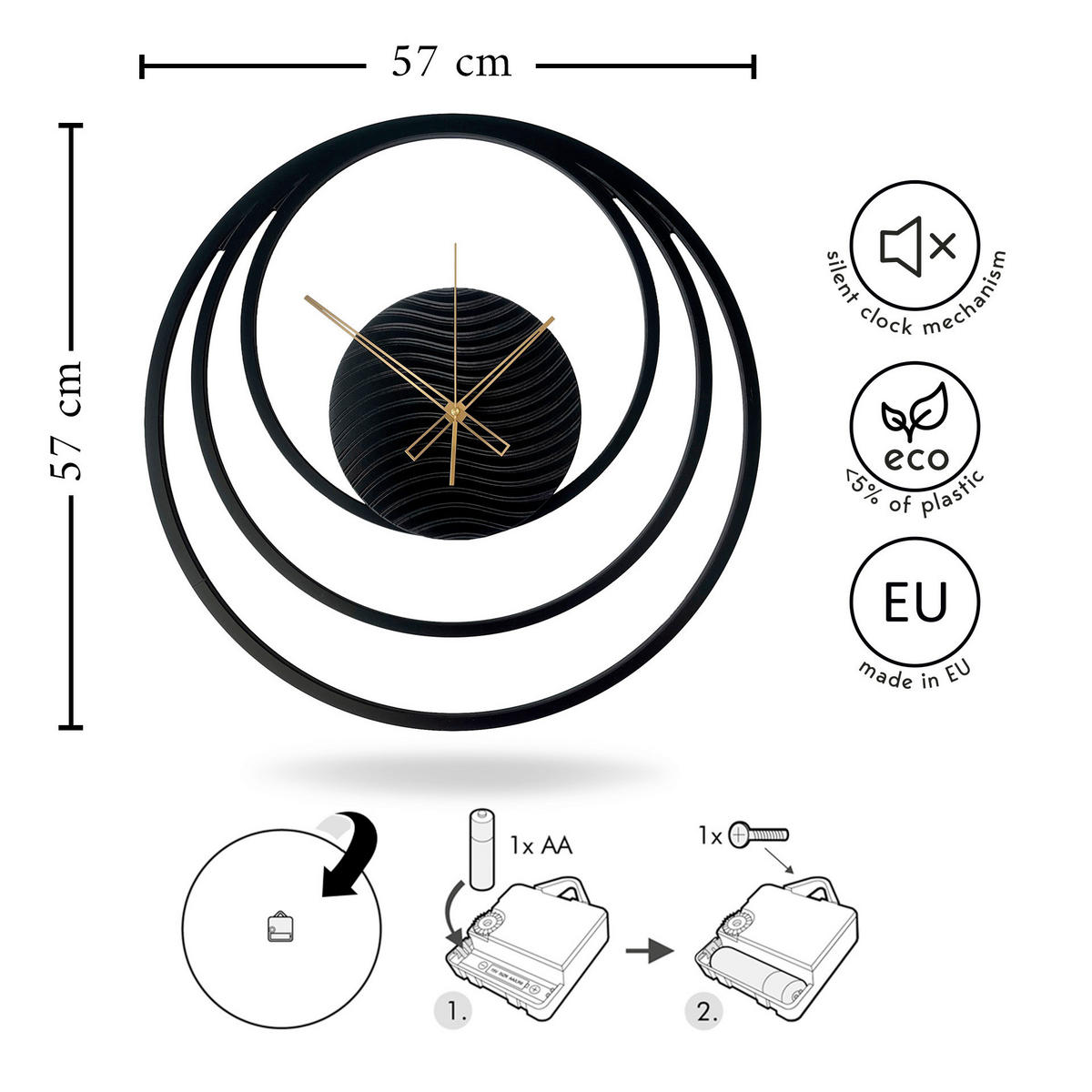 WANDUHR - Schwarz, Goldfarben  - Goldfarben/Schwarz, Basics, Holz/Kunststoff (57cm)