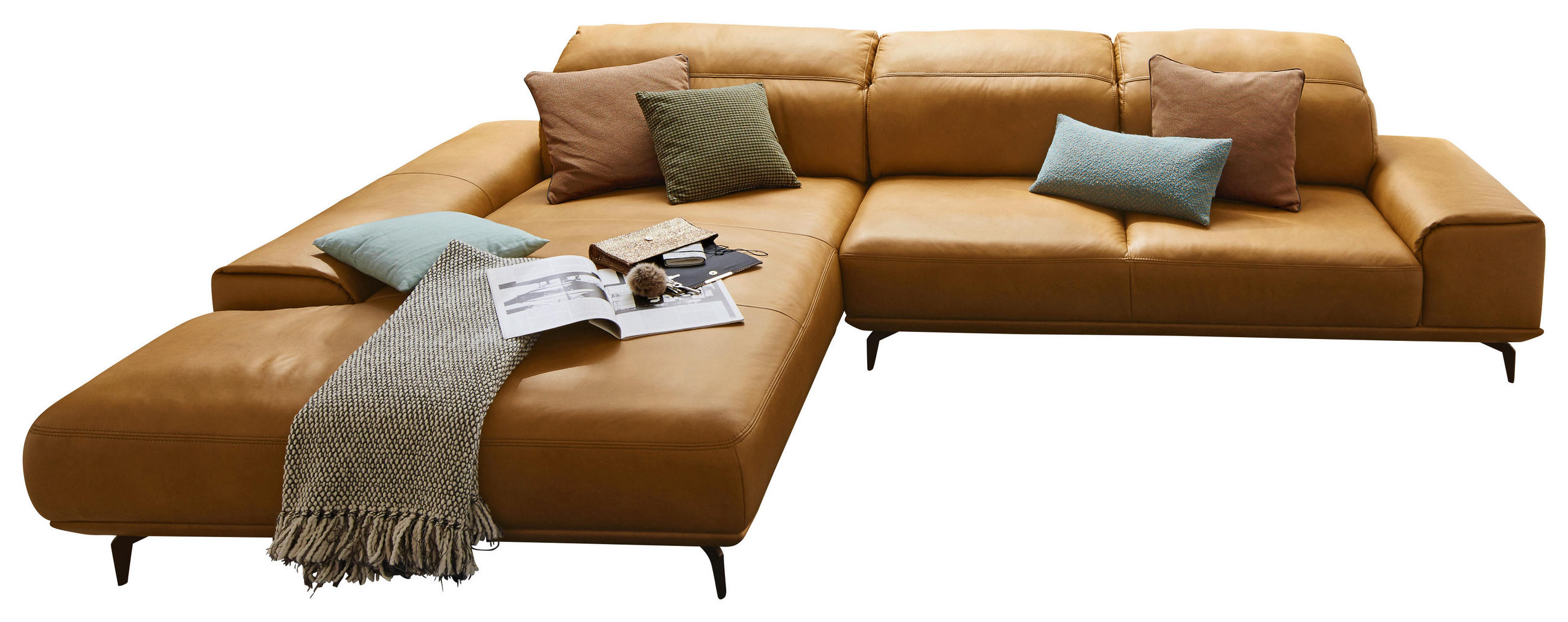 ECKSOFA MR 2490 Gelb Echtleder Rücken echt  - Gelb/Bronzefarben, Design, Leder/Metall (207/342cm) - Musterring