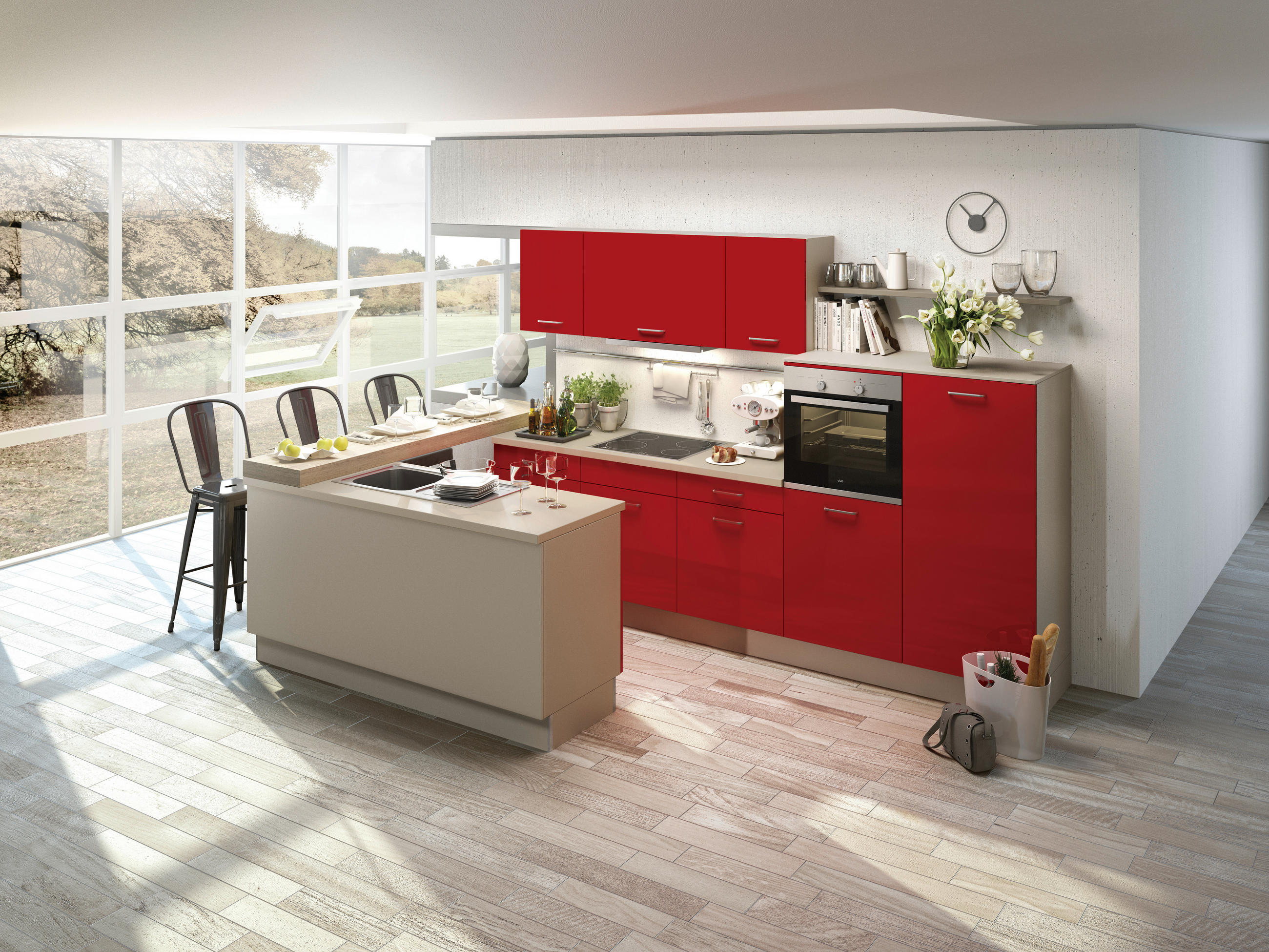 BUCĂTĂRIE LA COMANDĂ   - roșu, Design, material pe bază de lemn - Moderano