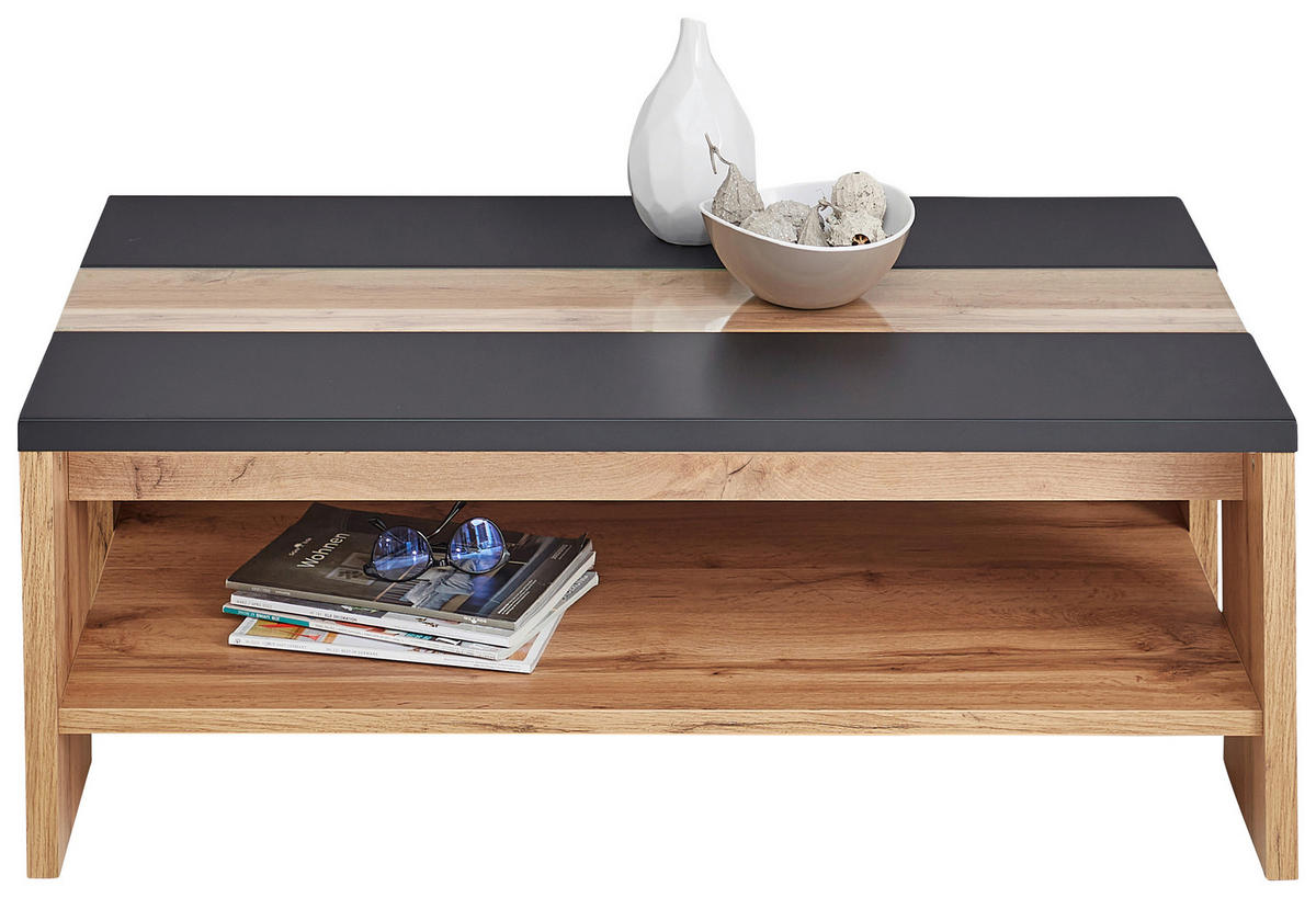 COUCHTISCH Klarglas 110/65/40 cm rechteckig Schwarz, Eichefarben  - Eichefarben/Schwarz, Design, Glas/Holzwerkstoff (110/65/40cm) - Hom`in