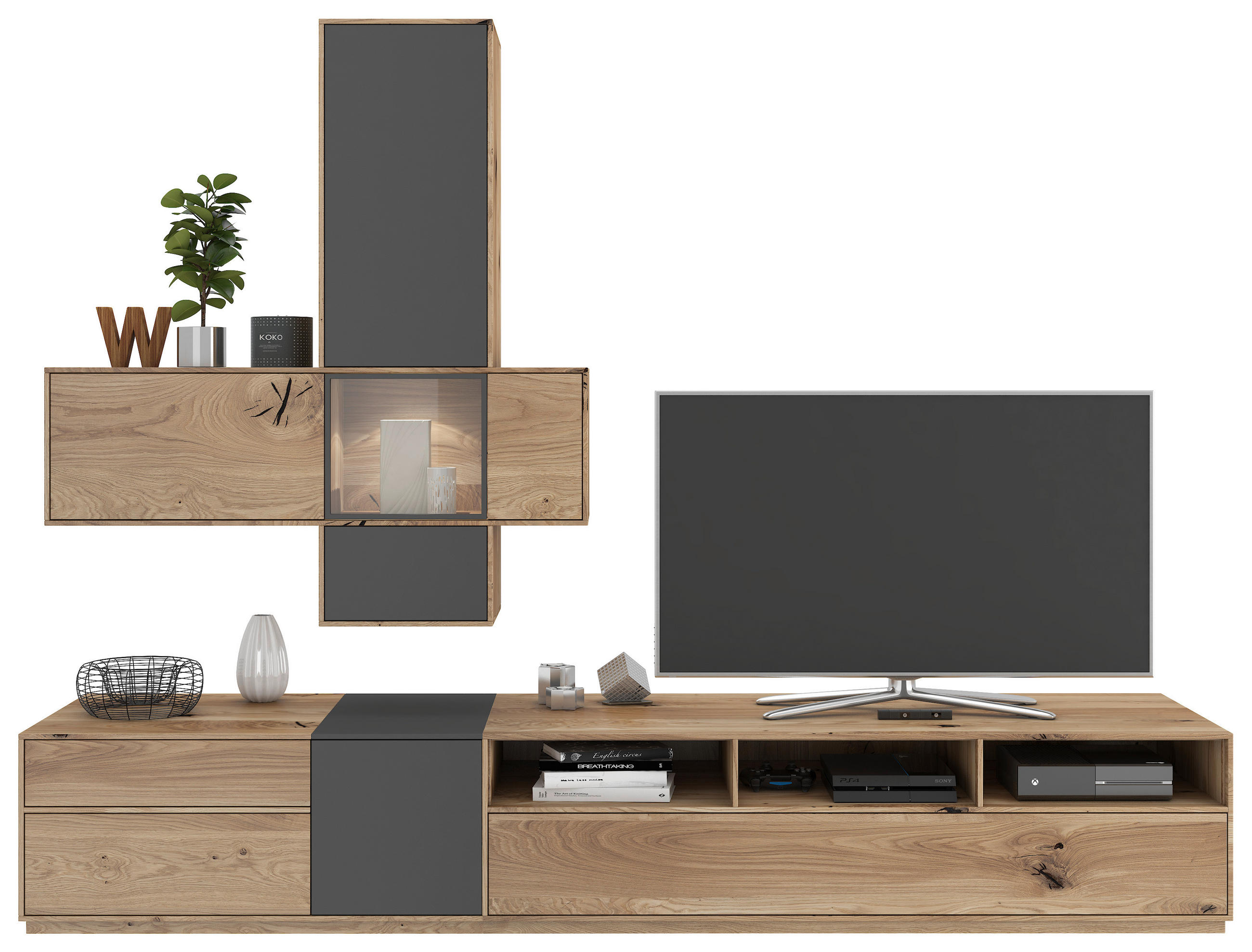 WOHNWAND  in Grau, Eichefarben  265/205/50 cm  - Eichefarben/Grau, Design, Glas/Holz (265/205/50cm) - Waldwelt