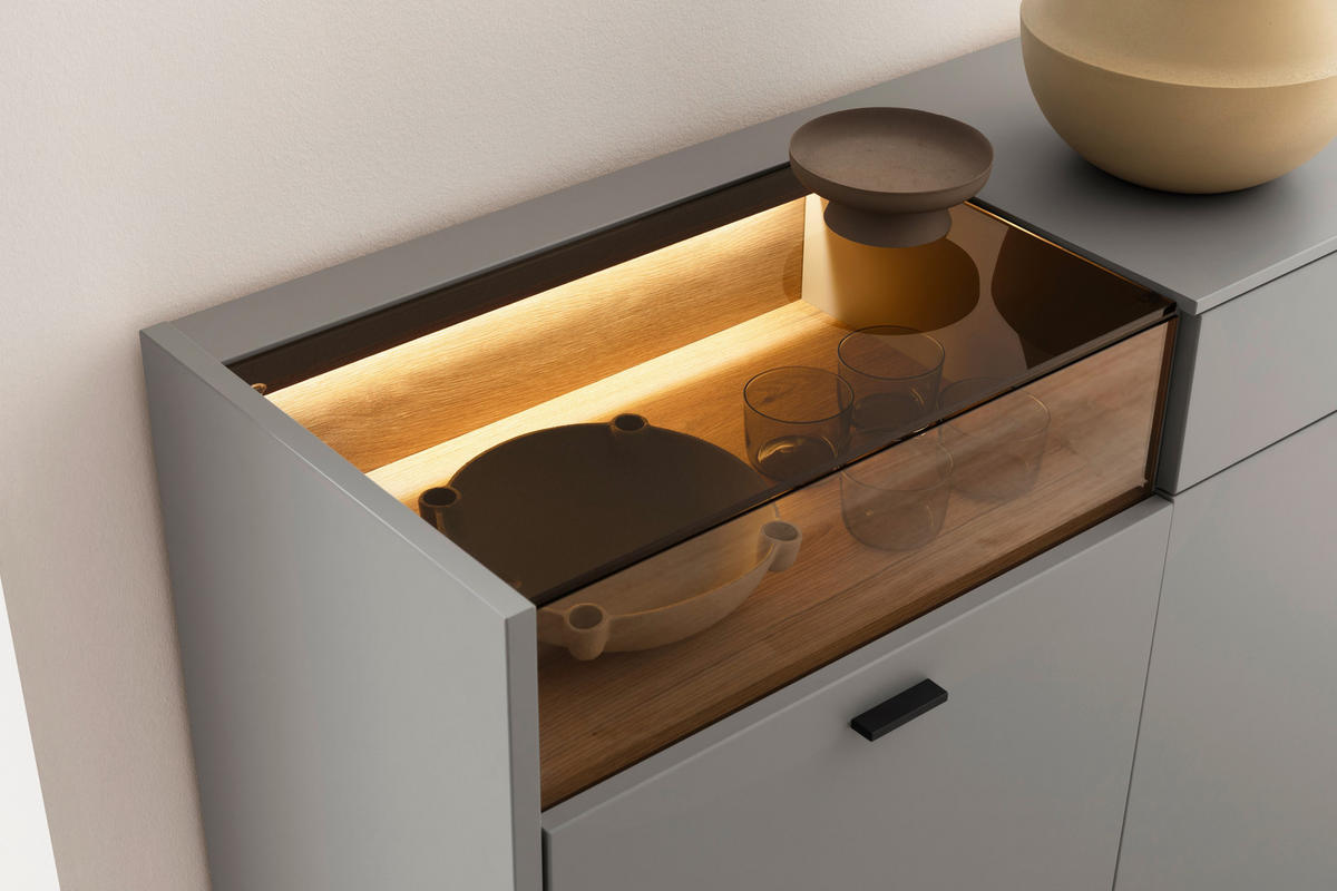 KOMODA     siva, boje hrasta  - siva/boje hrasta, Design, staklo/drvni materijal (185/88cm) - Stylife