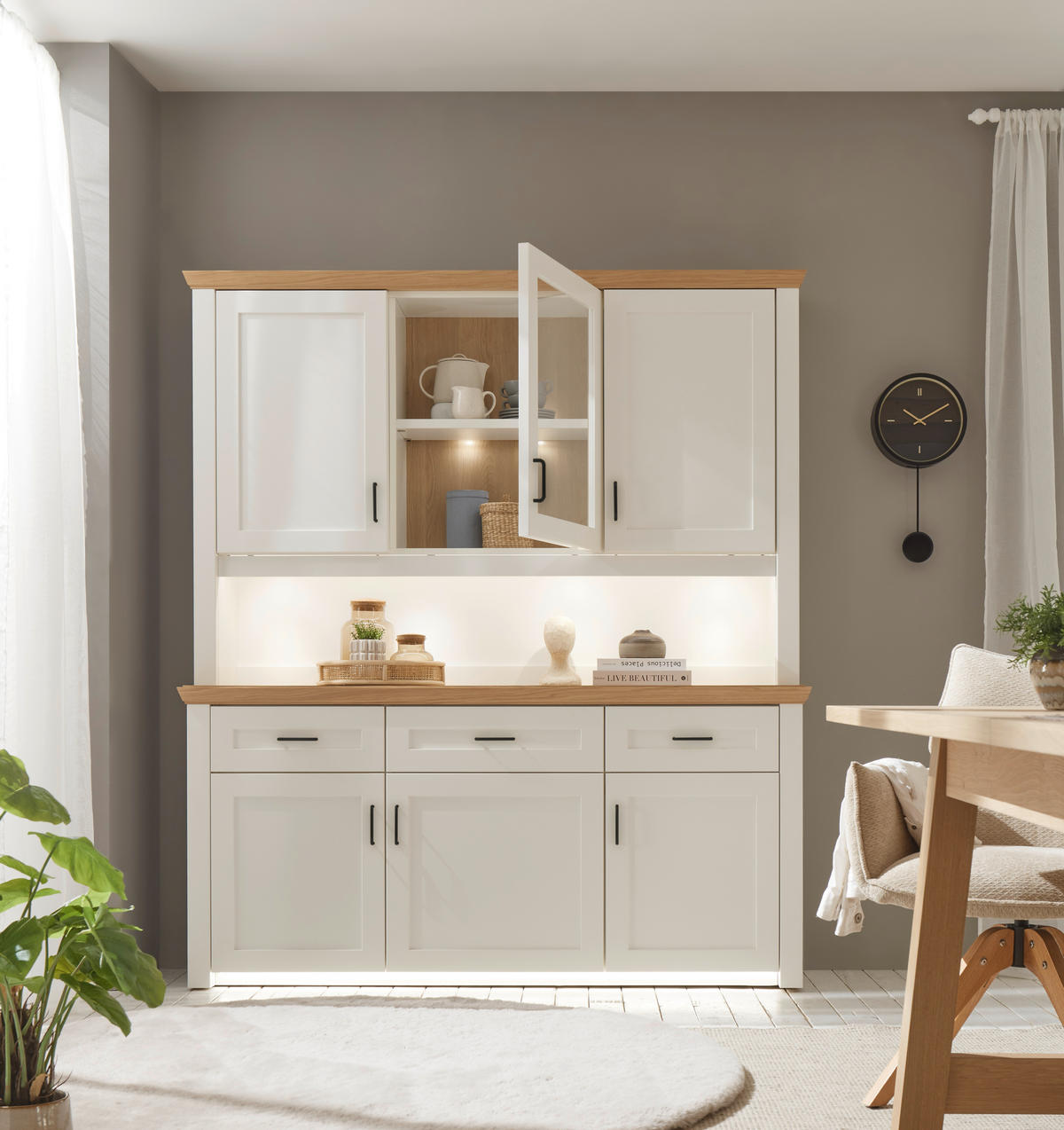 BUFFET Weiß, Eichefarben  166/185/43 cm  - Eichefarben/Schwarz, LIFESTYLE, Glas/Holz (166/185/43cm) - Landscape