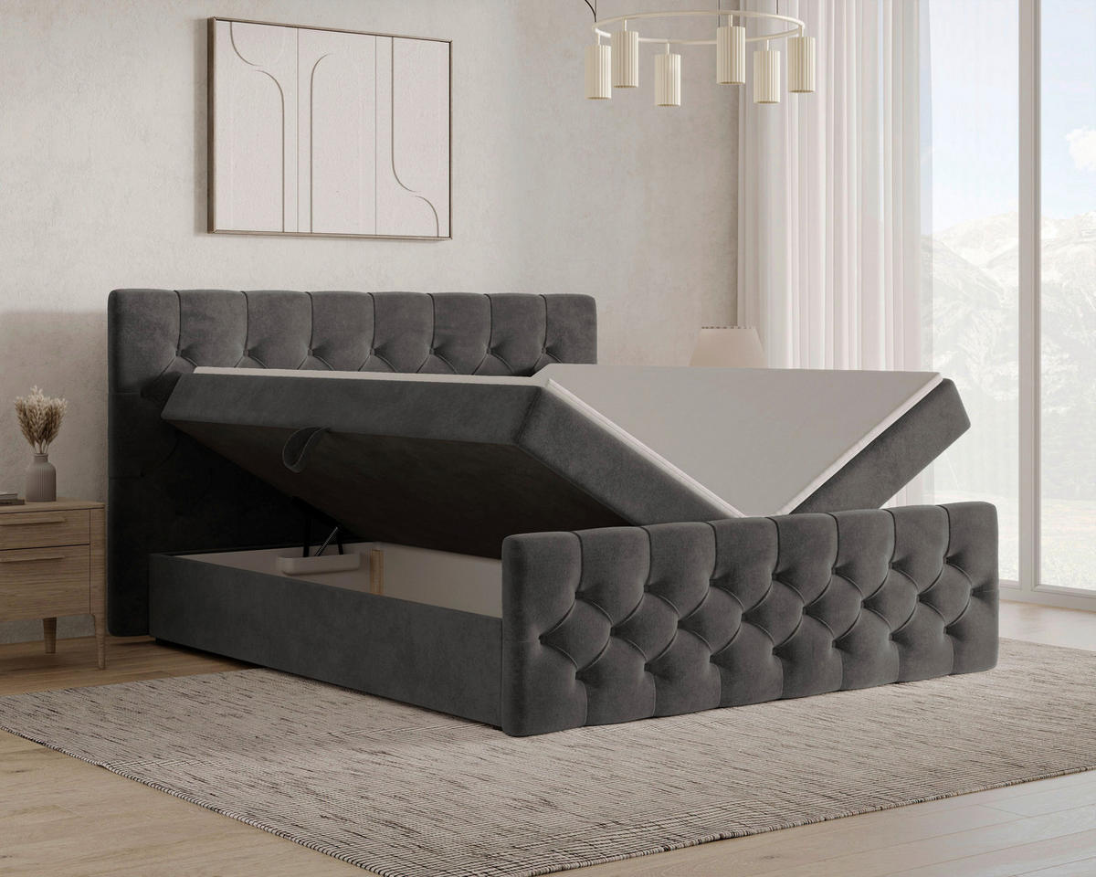 BOXBETT 180/200 cm,  in Dunkelgrau, Bettkasten, Topper, H2 + H3 = mittel + fest  - Dunkelgrau/Schwarz, MODERN, Holz/Kunststoff (180/200cm) - MID.YOU